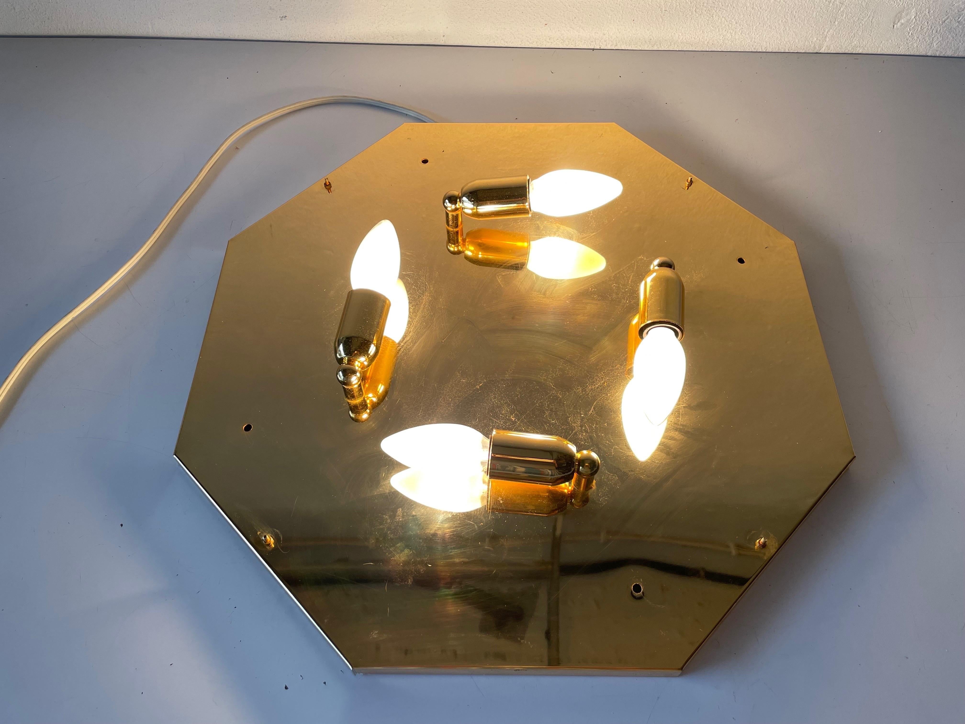 Octagonal White Glass Gold Metal Ceiling Lamp by Star Leuchten, 1980s, Germany For Sale 9