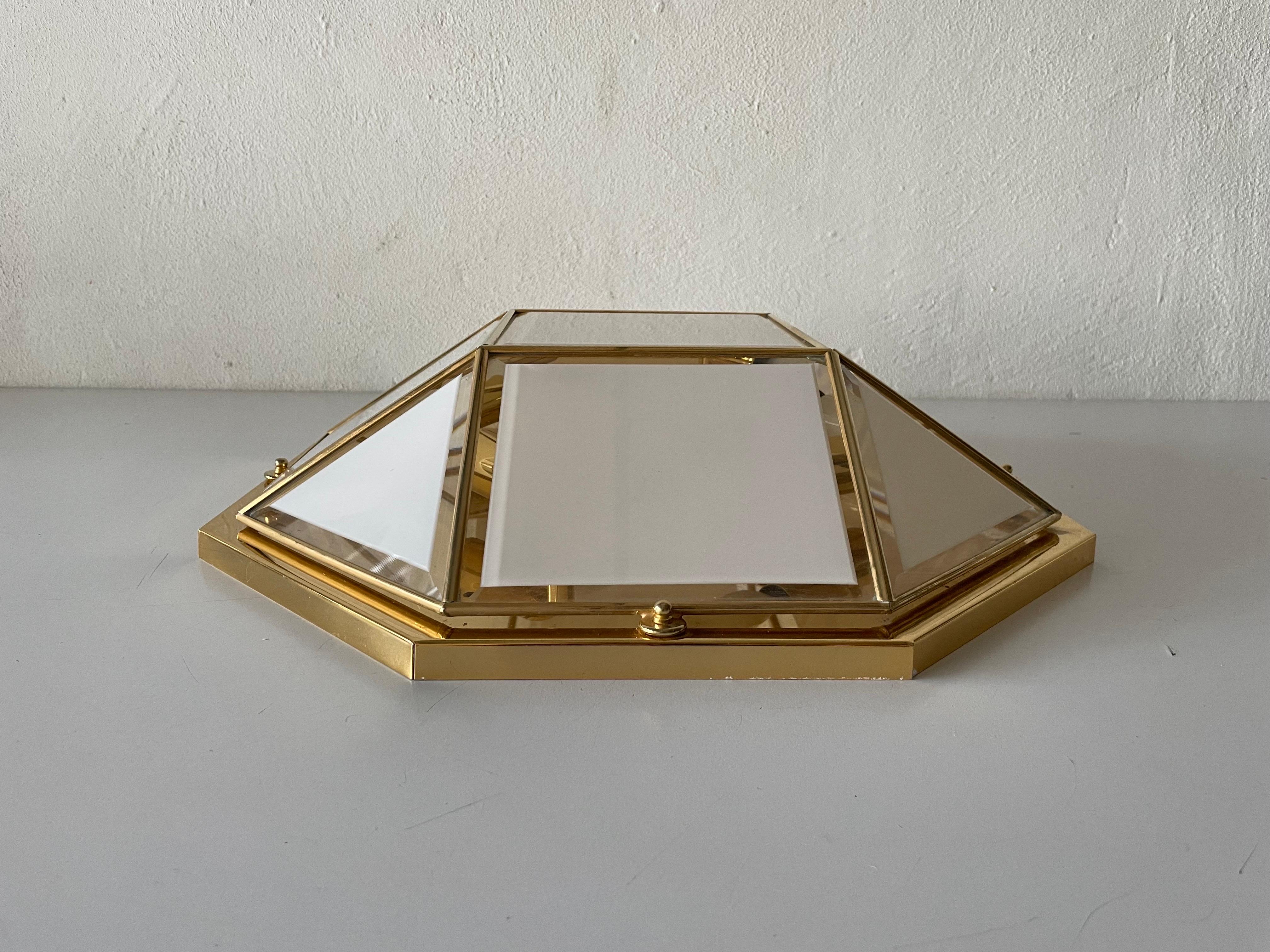 Space Age Octagonal White Glass Gold Metal Ceiling Lamp by Star Leuchten, 1980s, Germany For Sale