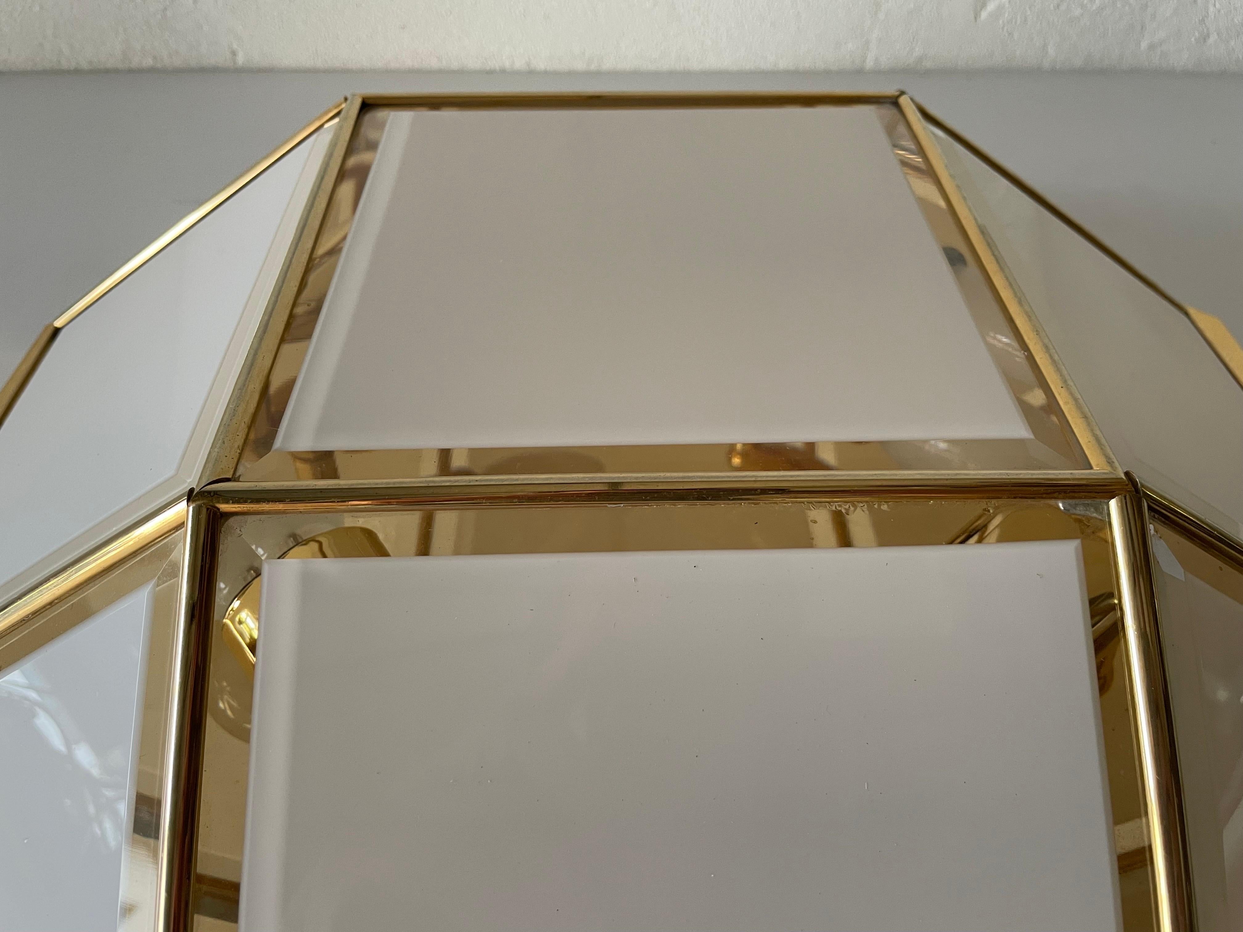 Late 20th Century Octagonal White Glass Gold Metal Ceiling Lamp by Star Leuchten, 1980s, Germany For Sale