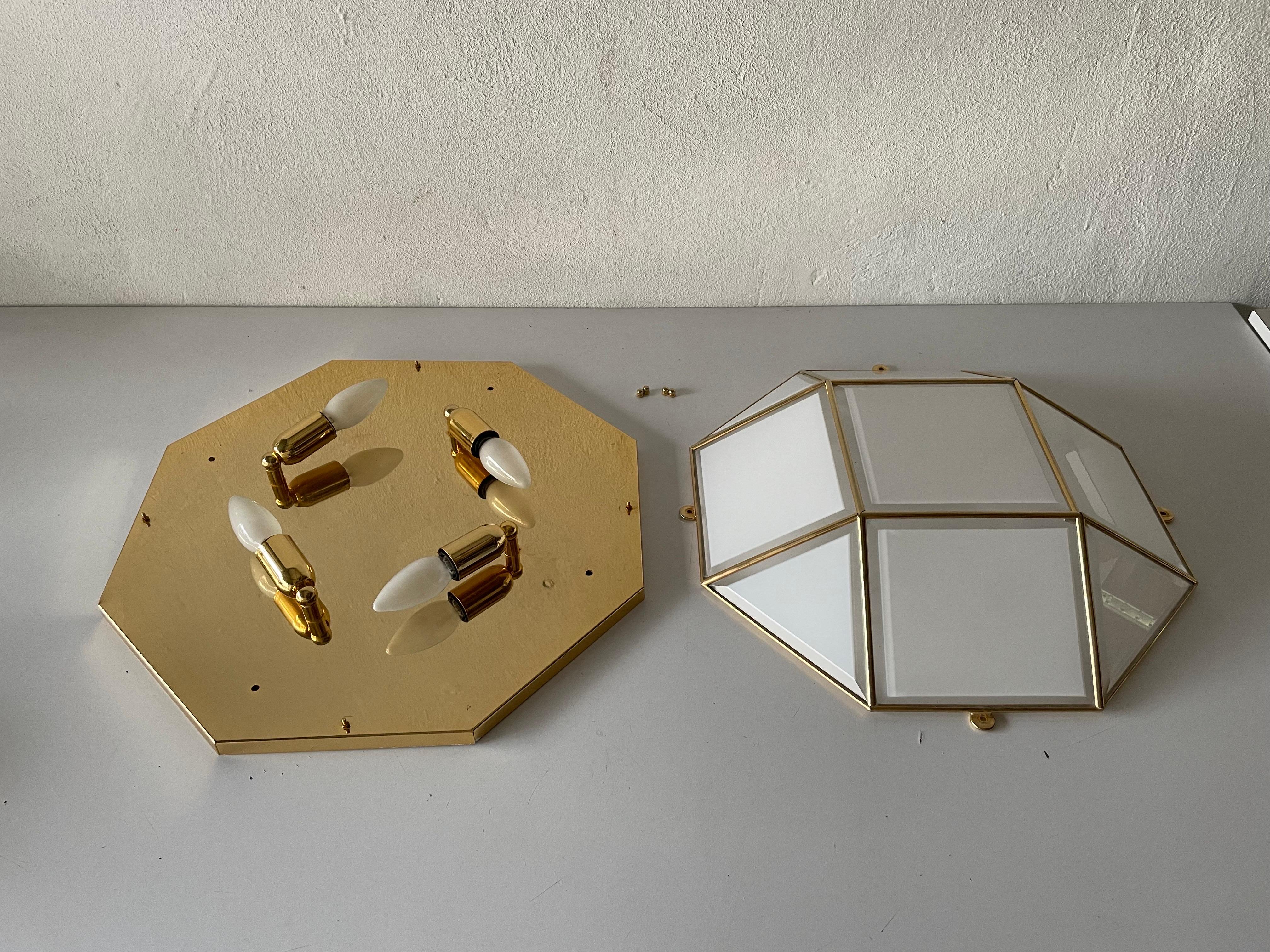 Octagonal White Glass Gold Metal Ceiling Lamp by Star Leuchten, 1980s, Germany For Sale 2