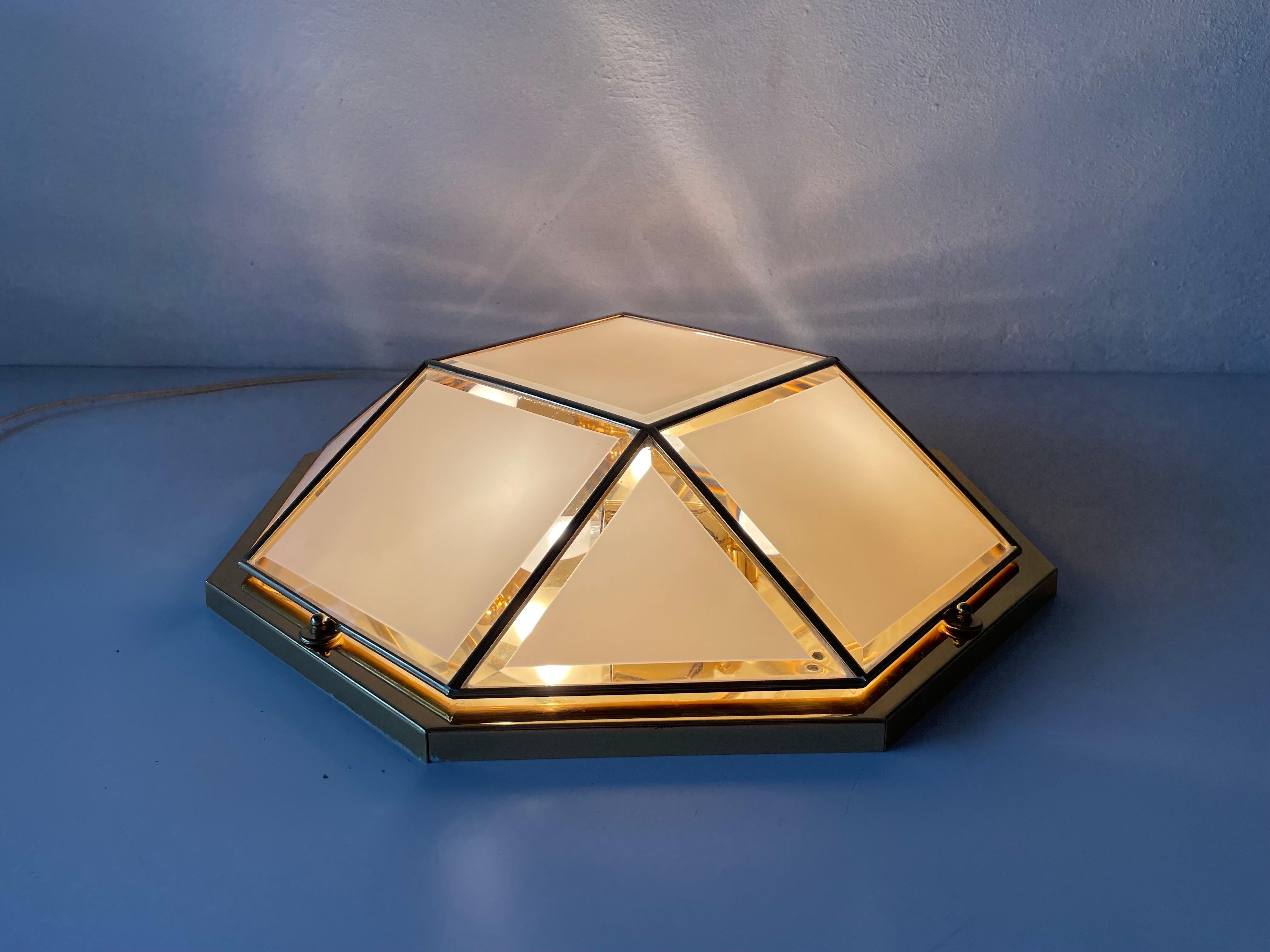 Octagonal White Glass Gold Metal Ceiling Lamp by Star Leuchten, 1980s, Germany For Sale 4