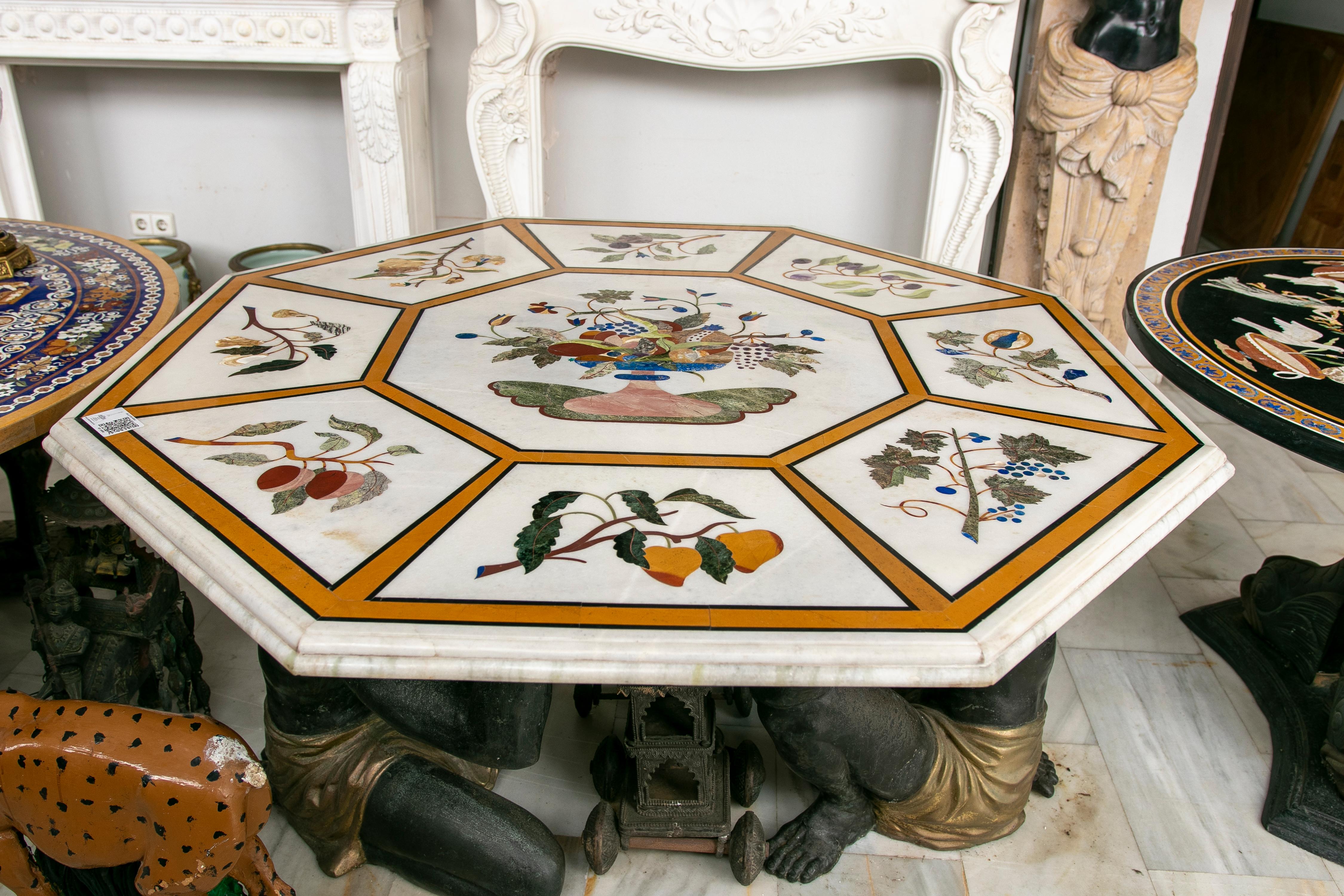 Octagonal White Marble Table with Inlaid White Marble with Flower Decoration.