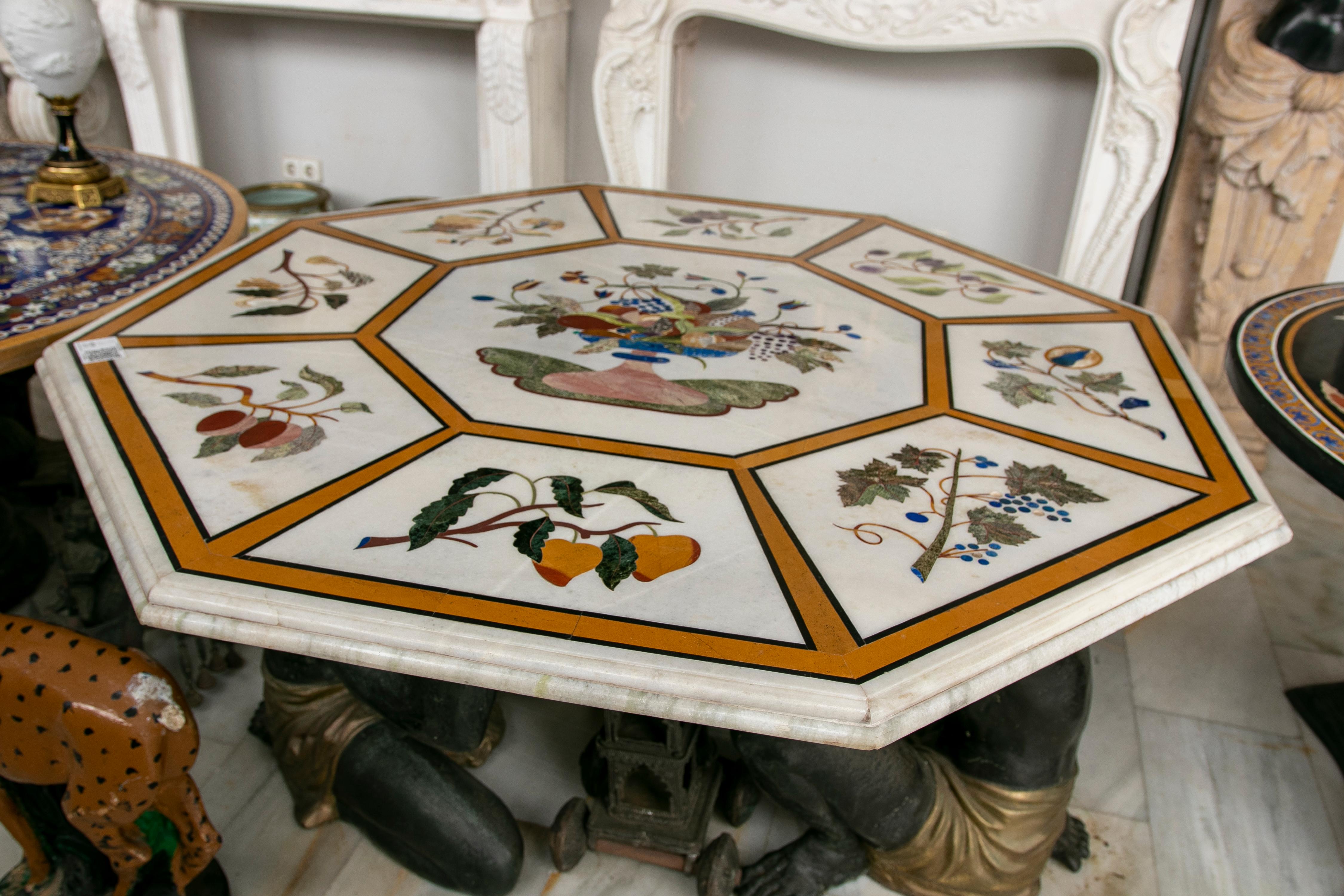 Spanish Octagonal White Marble Table with Inlaid White Marble with Flower Decoration For Sale