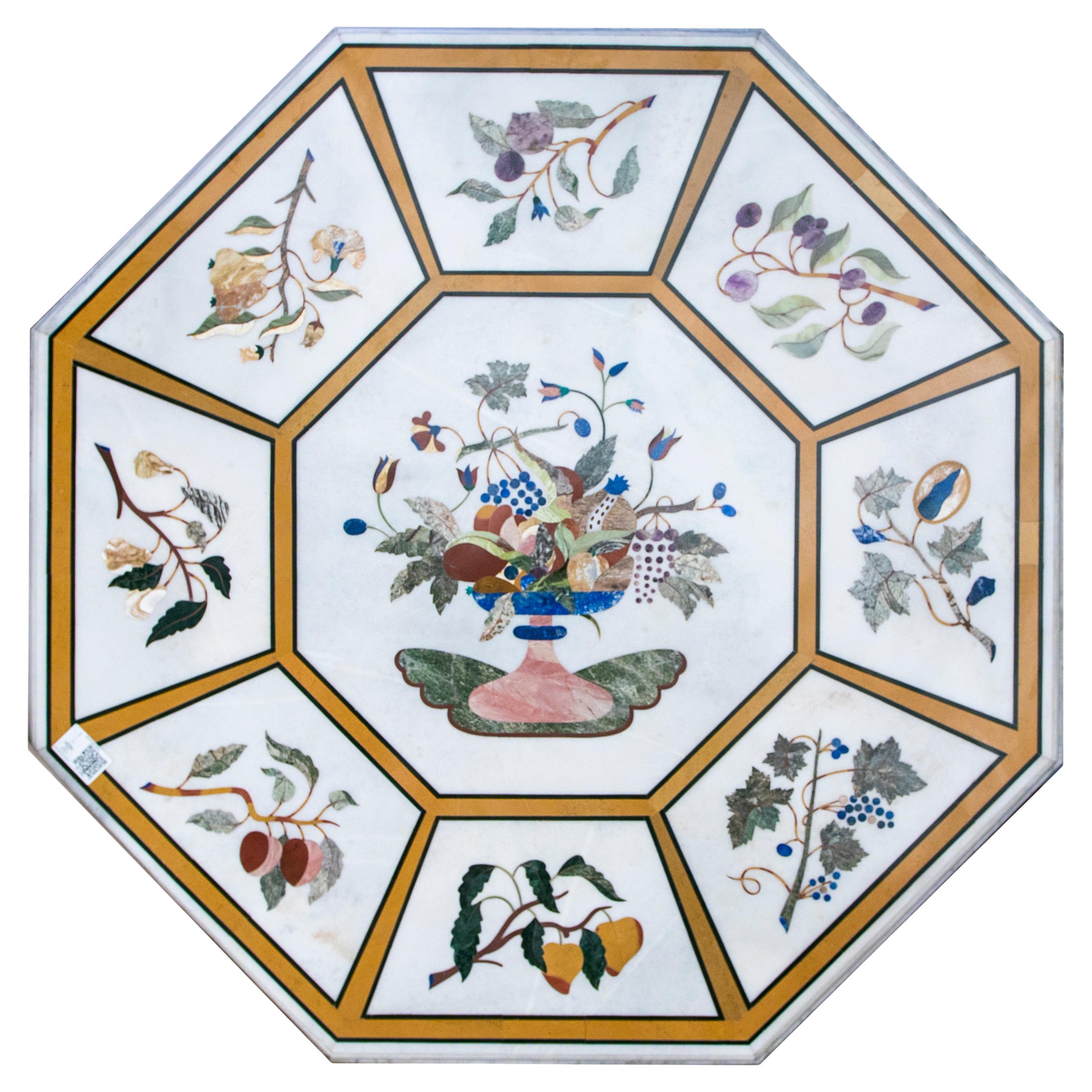 Octagonal White Marble Table with Inlaid White Marble with Flower Decoration For Sale