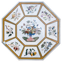 Octagonal White Marble Table with Inlaid White Marble with Flower Decoration