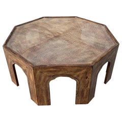 Octagonal Wood Cane and Glass Coffee Table