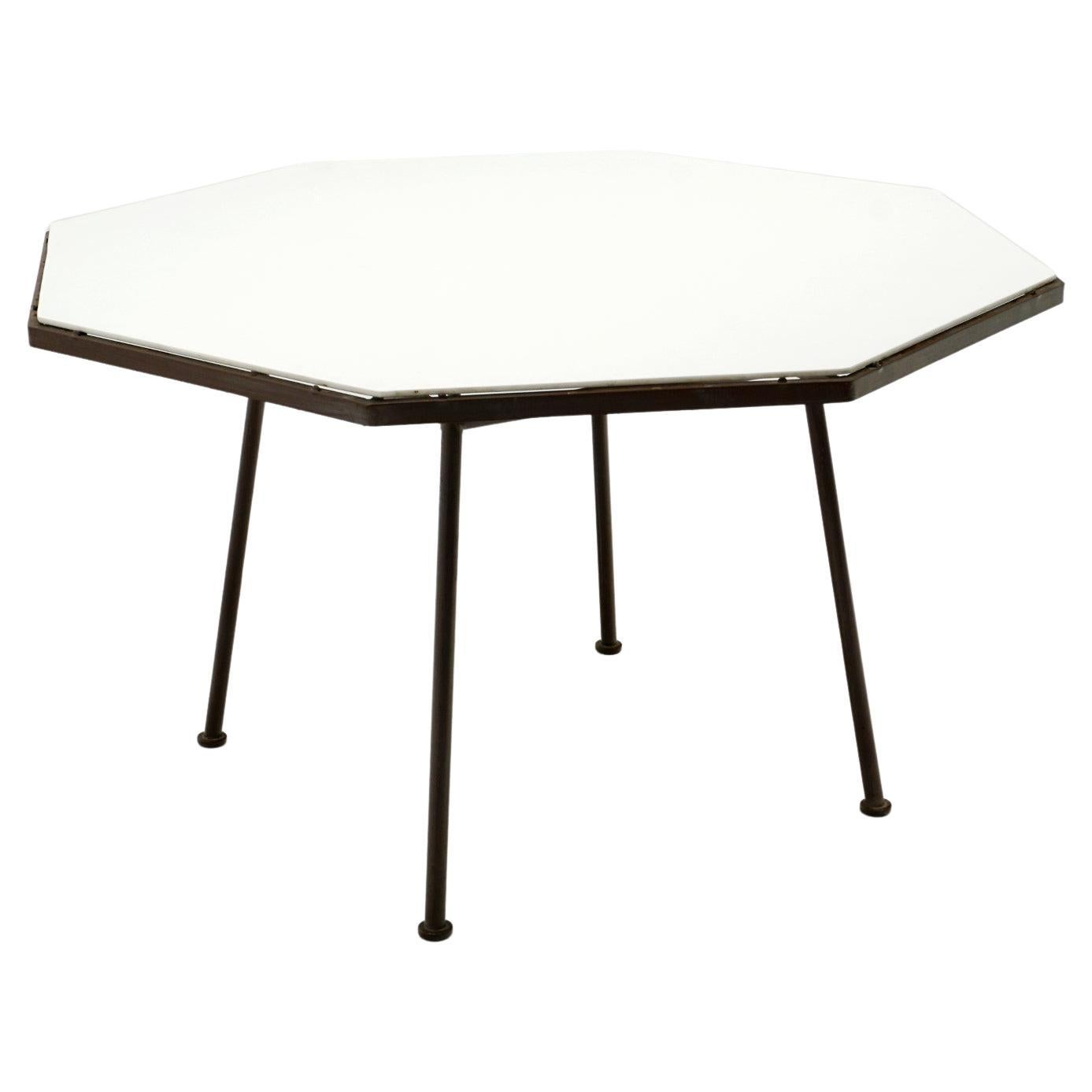 Octagonal Woodard Dining Table, Iron with Original Vitrolite / Milk Glass Top For Sale