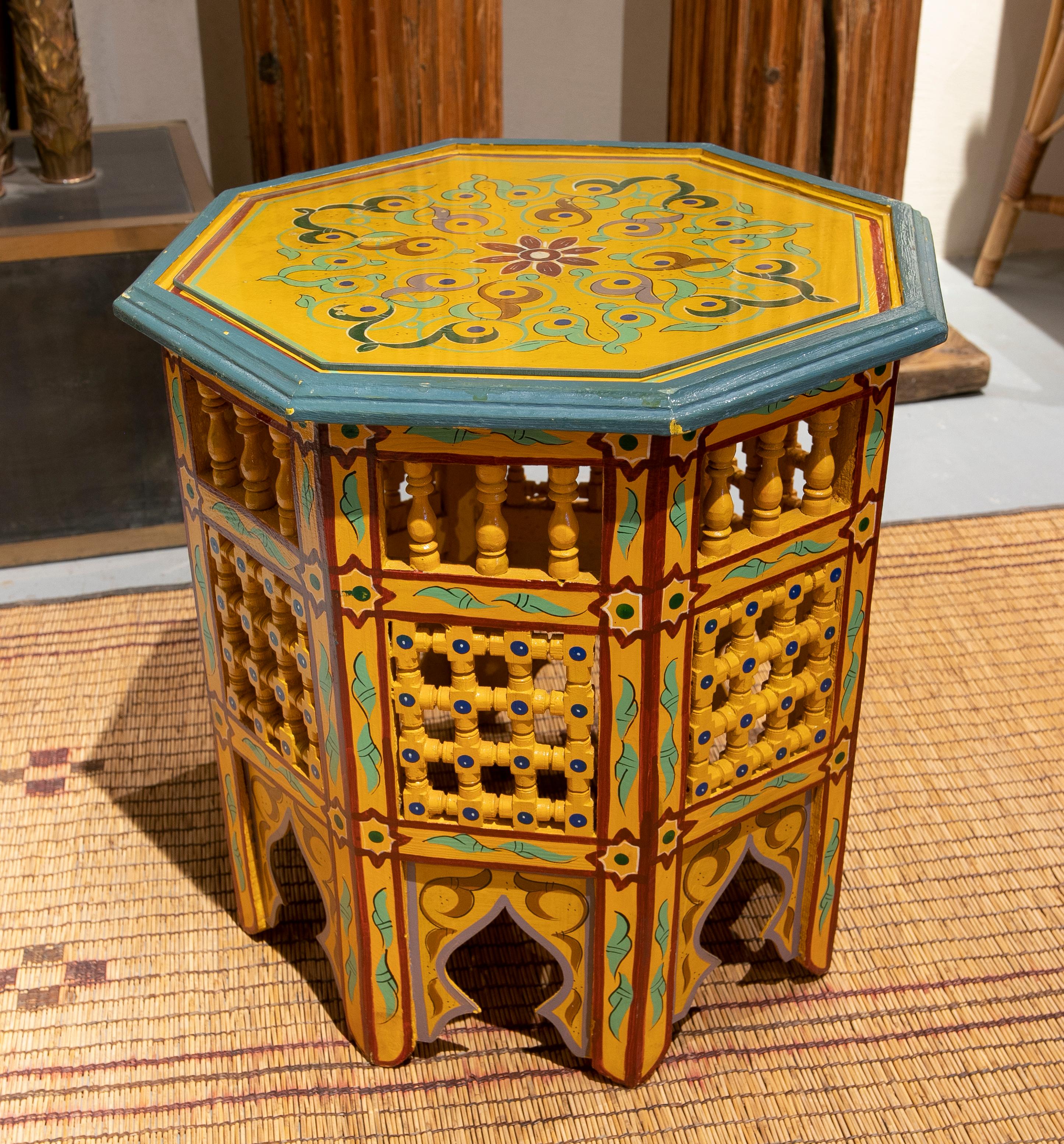 Moroccan Octagonal wooden sidetable handpainted in yellow and green