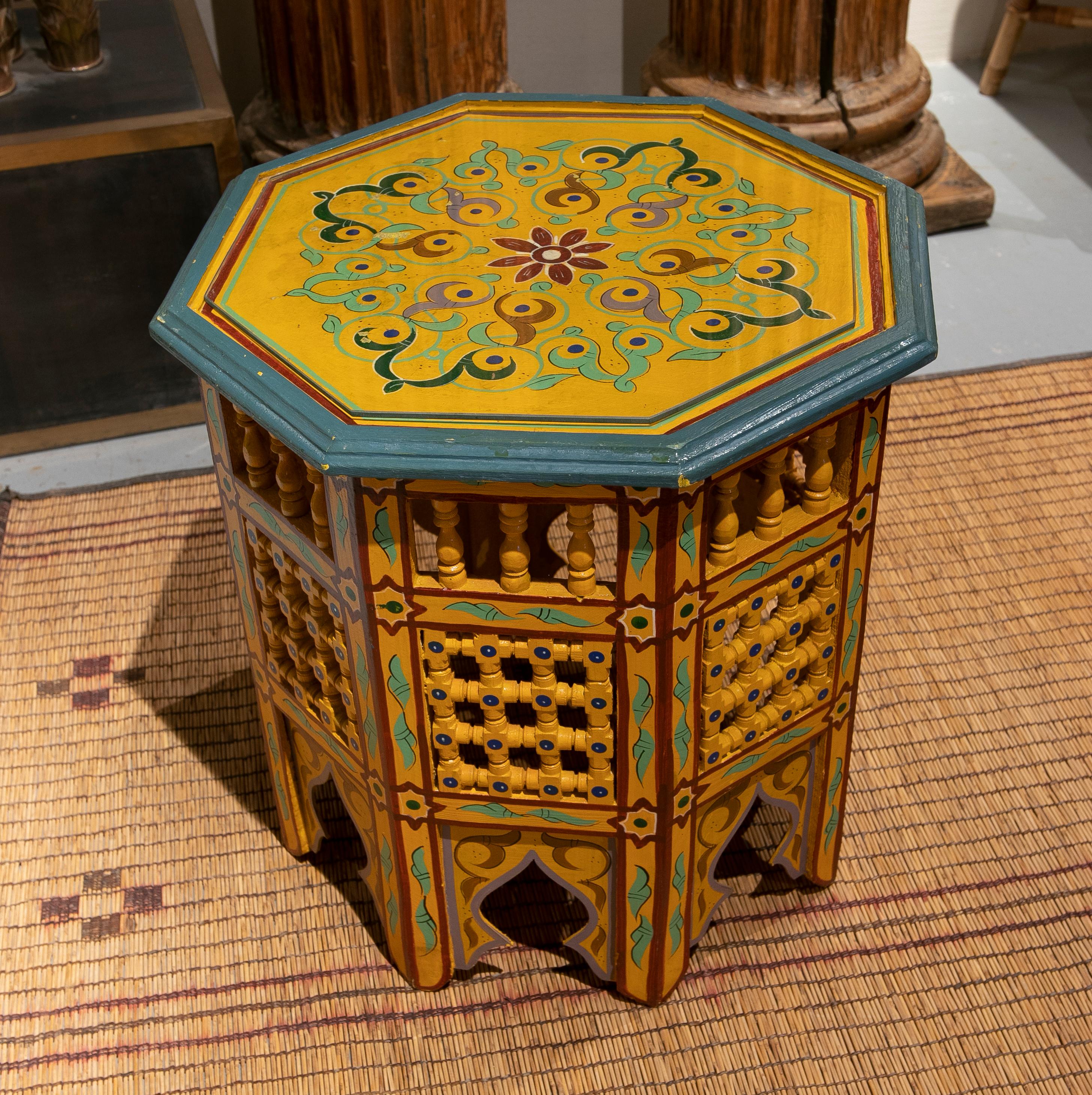 Hand-Painted Octagonal wooden sidetable handpainted in yellow and green