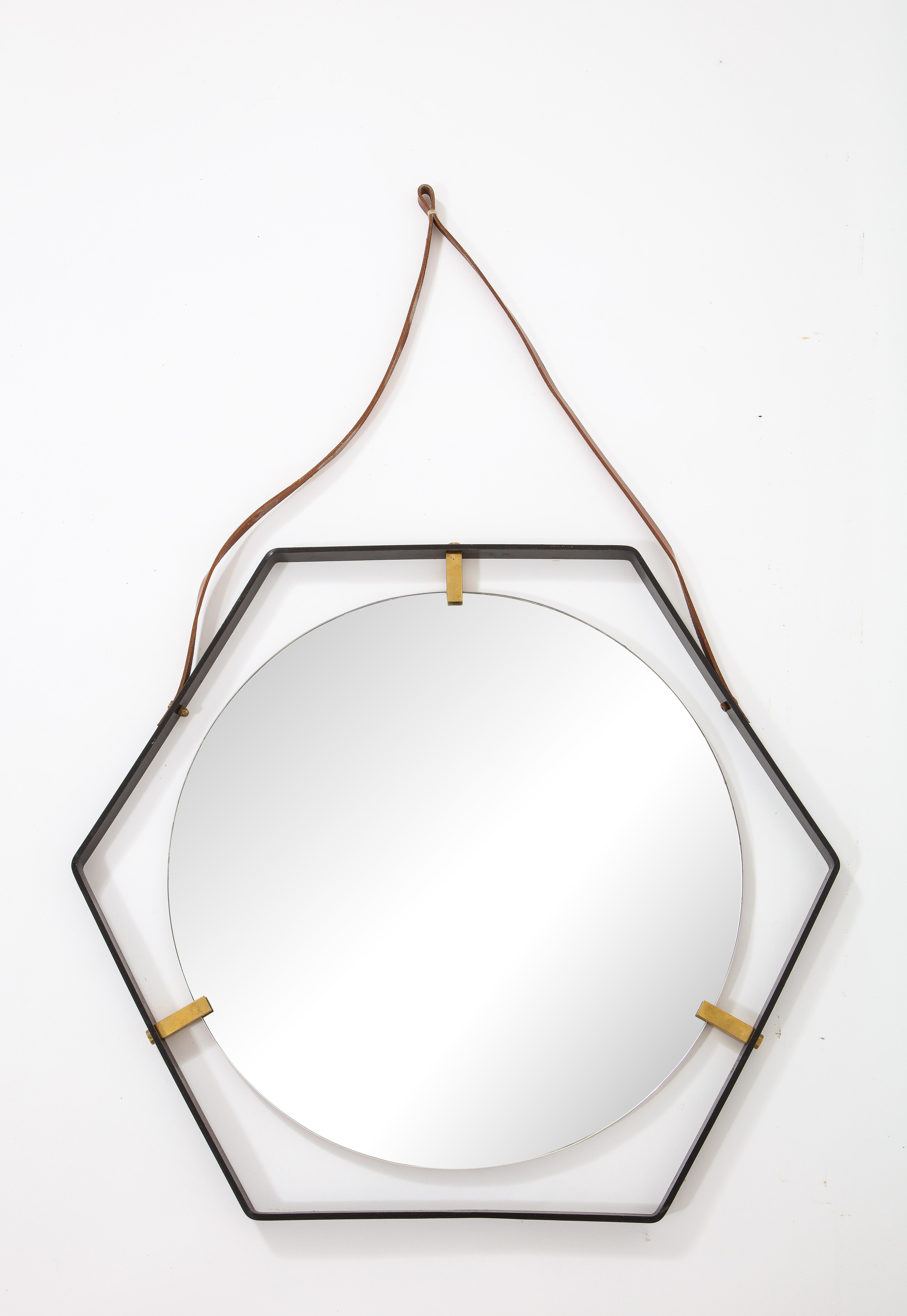 Octagonal Wrought Iron Mirror on Leather Strap, France 1960's For Sale 4
