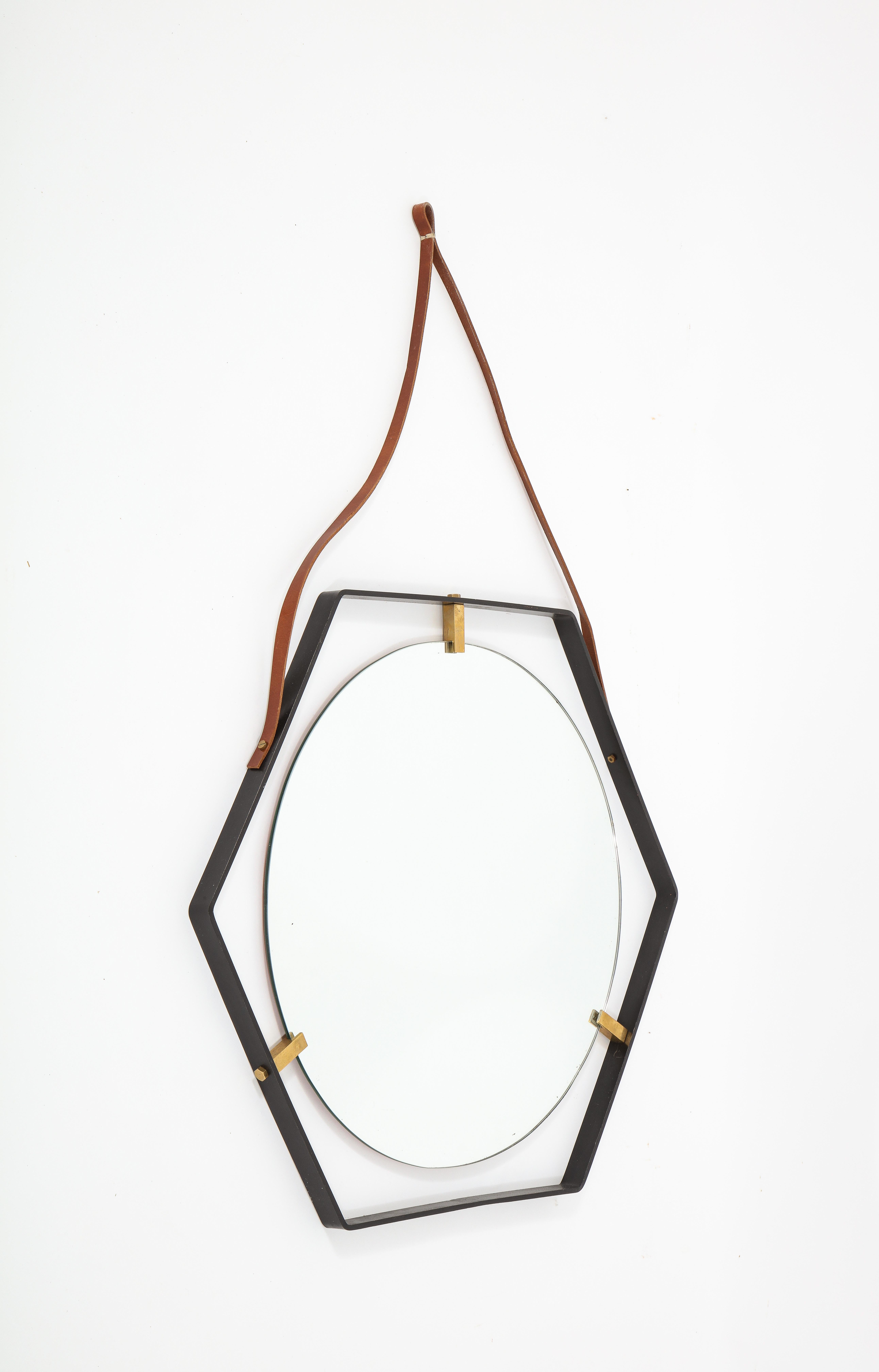 Octagonal Wrought Iron Mirror on Leather Strap, France 1960's For Sale 5