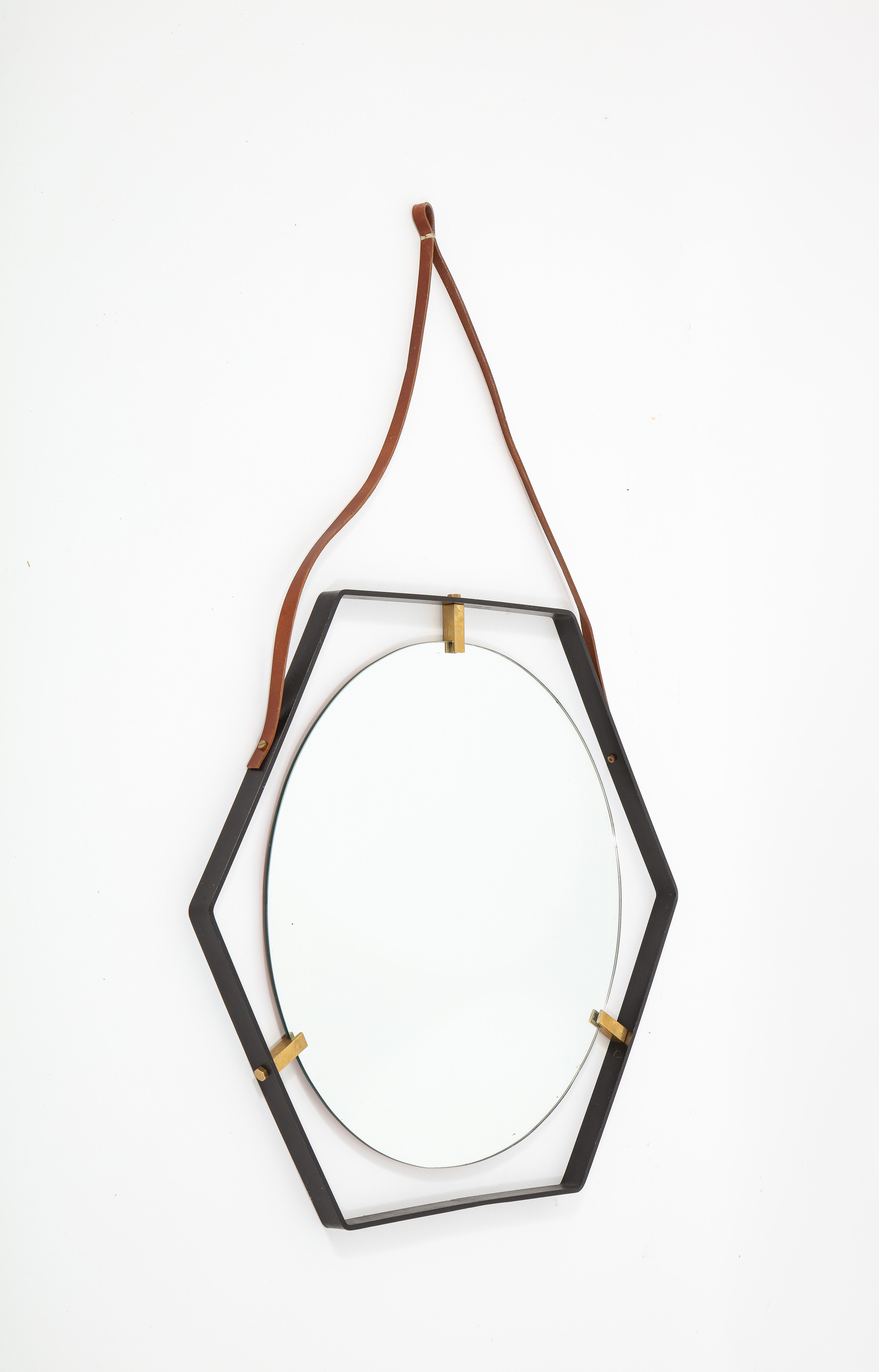 Octagonal Wrought Iron Mirror on Leather Strap, France 1960's For Sale 4