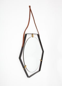 Octagonal Wrought Iron Mirror on Leather Strap, France 1960's