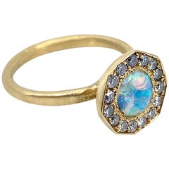 "Octagonish" Australian White Opal Ring in Brushed 18 Karat Gold w Diamond Halo