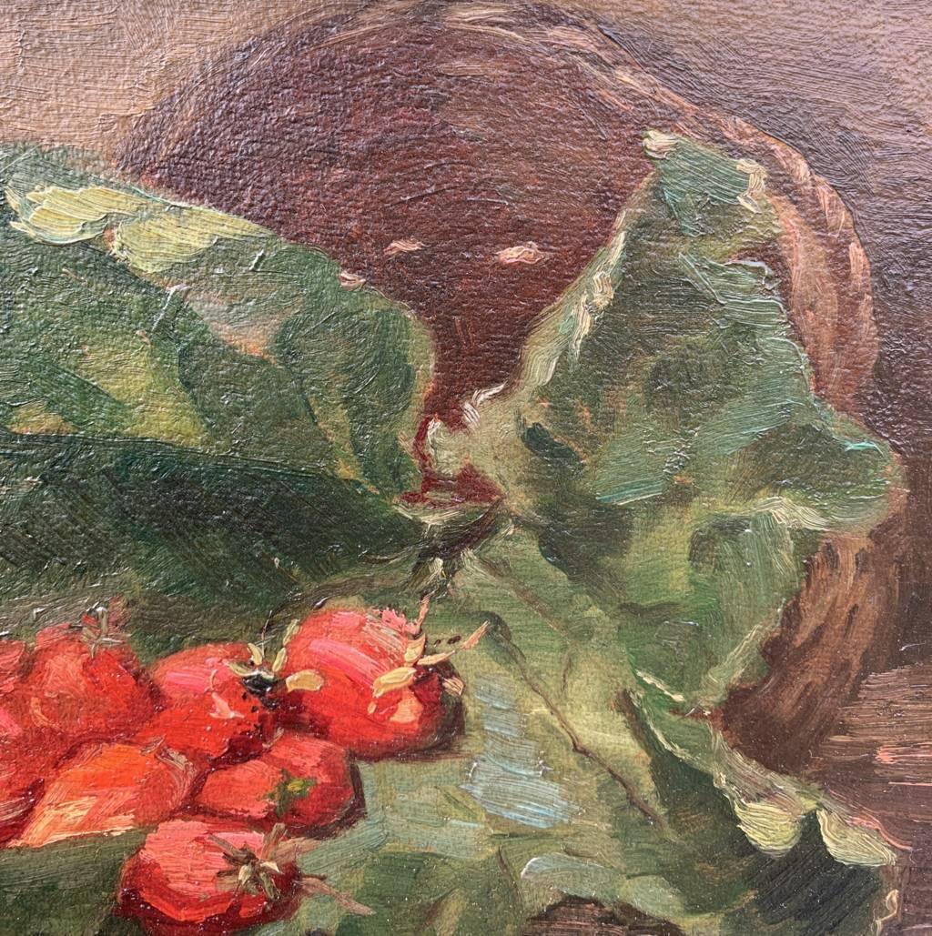 Octave Cartel (Belgian, 1884 - 1944) - Still life of strawberries.

27 x 37 cm without frame, 41 x 50 cm with frame.

Antique oil painting on cardboard, in a wooden frame and gilded stucco.

- Work signed lower right: “O. Cartel”.

Condition report: