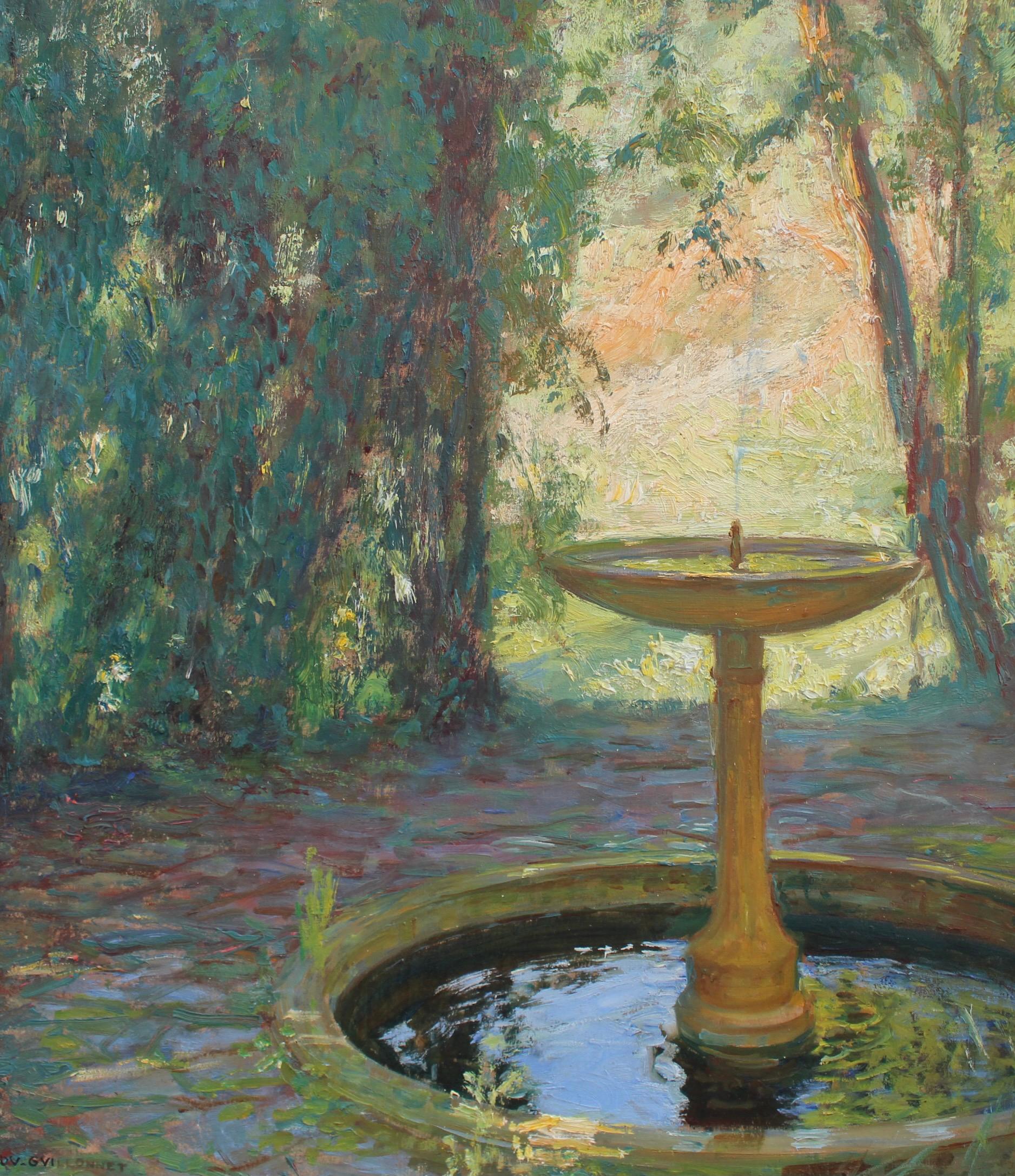 'Fountain in a Park', oil on board, by Octave-Denis-Victor Guillonnet (circa 1930s). Light peeks through the opening in the park's foliage reflecting back in the small fountain pool. The artist's keen eye for colour and detail combined with his use