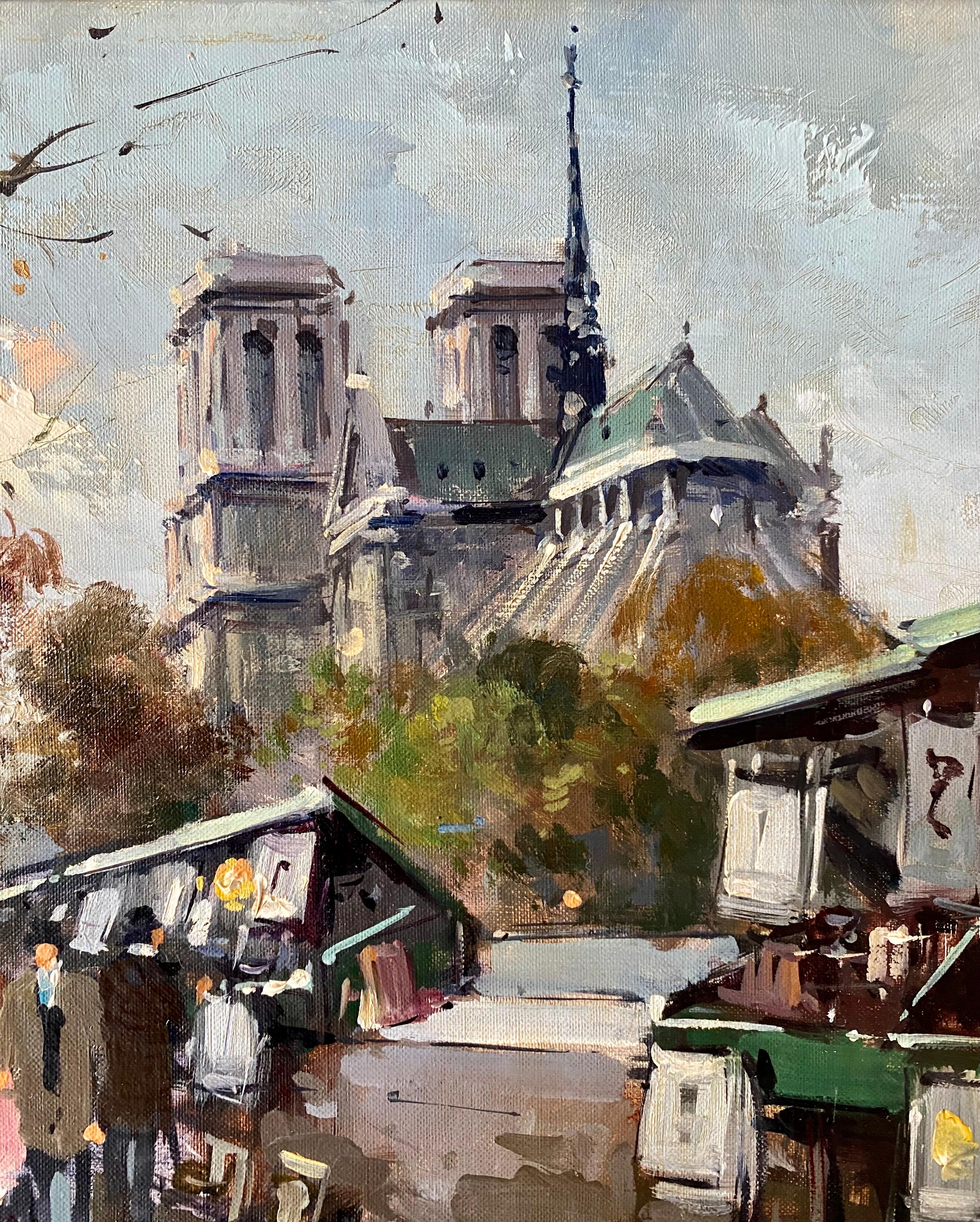 Magnificent French impressionist painting depicting the hustle and bustle of a busy Parisian quai in front of the Notre Dame, with the iconic bouquinistes visible to the right, in the style of the late 19th century. 

French artist Octave Guilbert
