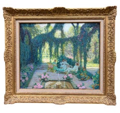 1920's original Post impressionist oil painting "Garden conversation"