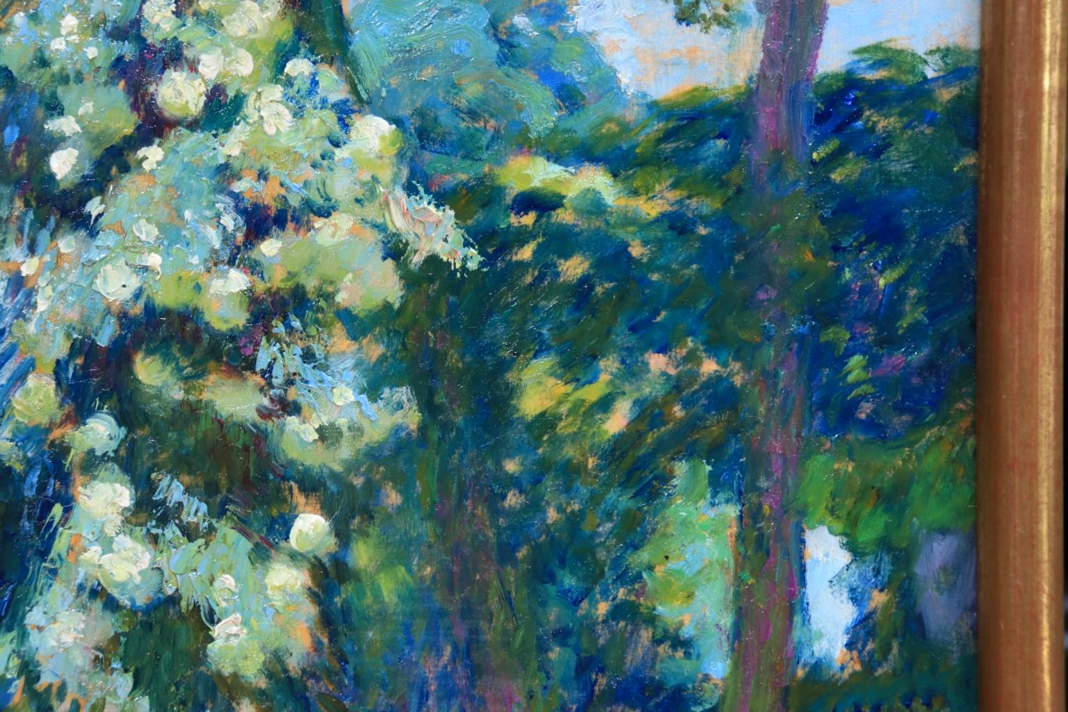 A wonderful oil on panel by post-impressionist painter Octave Guillonet. The work is beautifully painted in blues, greens and white and depicts trees starting to flower. Signed lower left.

Dimensions:
Framed: 15