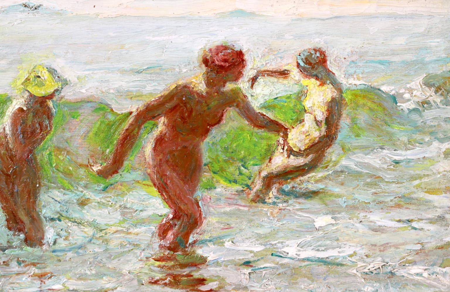 A beautiful oil on panel by French post impressionist painter Emile Octave Denis Victor Guillonnet depicting nude bathers playing in the sea. A lovely and delicately painted piece. 

Signature:
Signed & dated 1965 lower right &