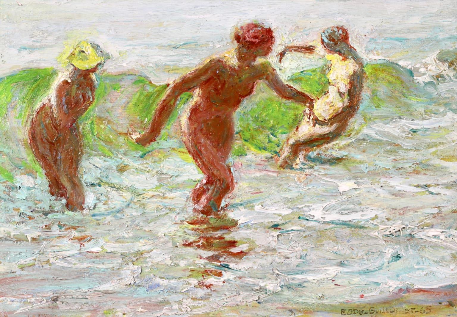 Bathers - Post Impressionist Oil, Nude Figures in Seascape by Octave Guillonnet 1