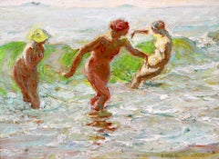 Bathers - Post Impressionist Oil, Nude Figures in Seascape by Octave Guillonnet
