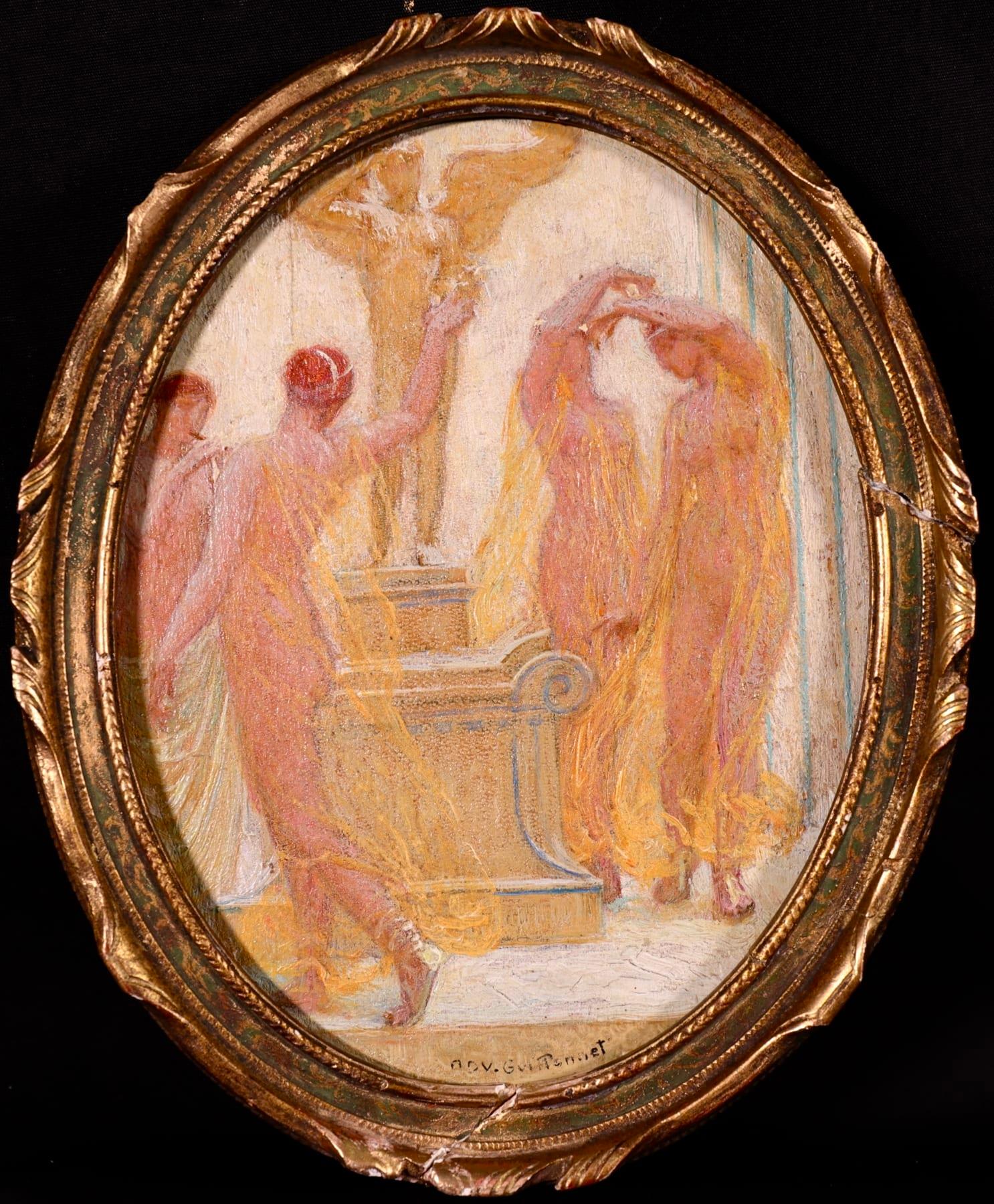 A beautiful oil on original canvas by French post impressionist painter Emile Octave Denis Victor Guillonnet depicting nymphs wearing sheer gowns dancing around a statue of Cupid as one plays a wooden flute. A lovely and delicately painted piece.