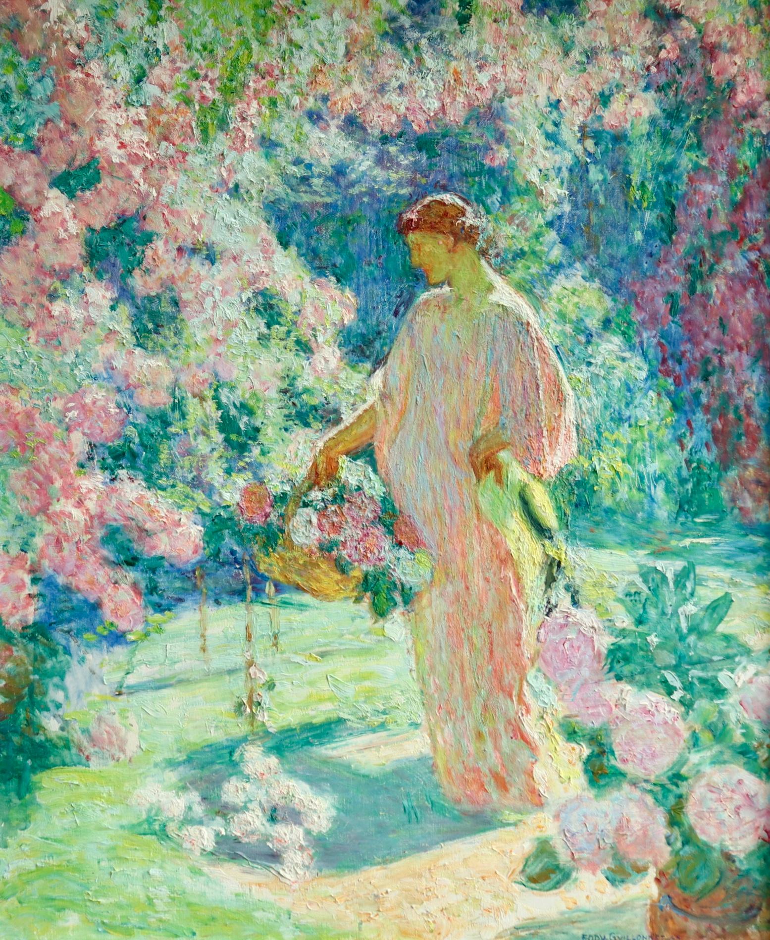 Dans le jardin - 20th Century Oil, Woman in Garden Landscape by EODV Guillonnet - Painting by Octave Guillonnet