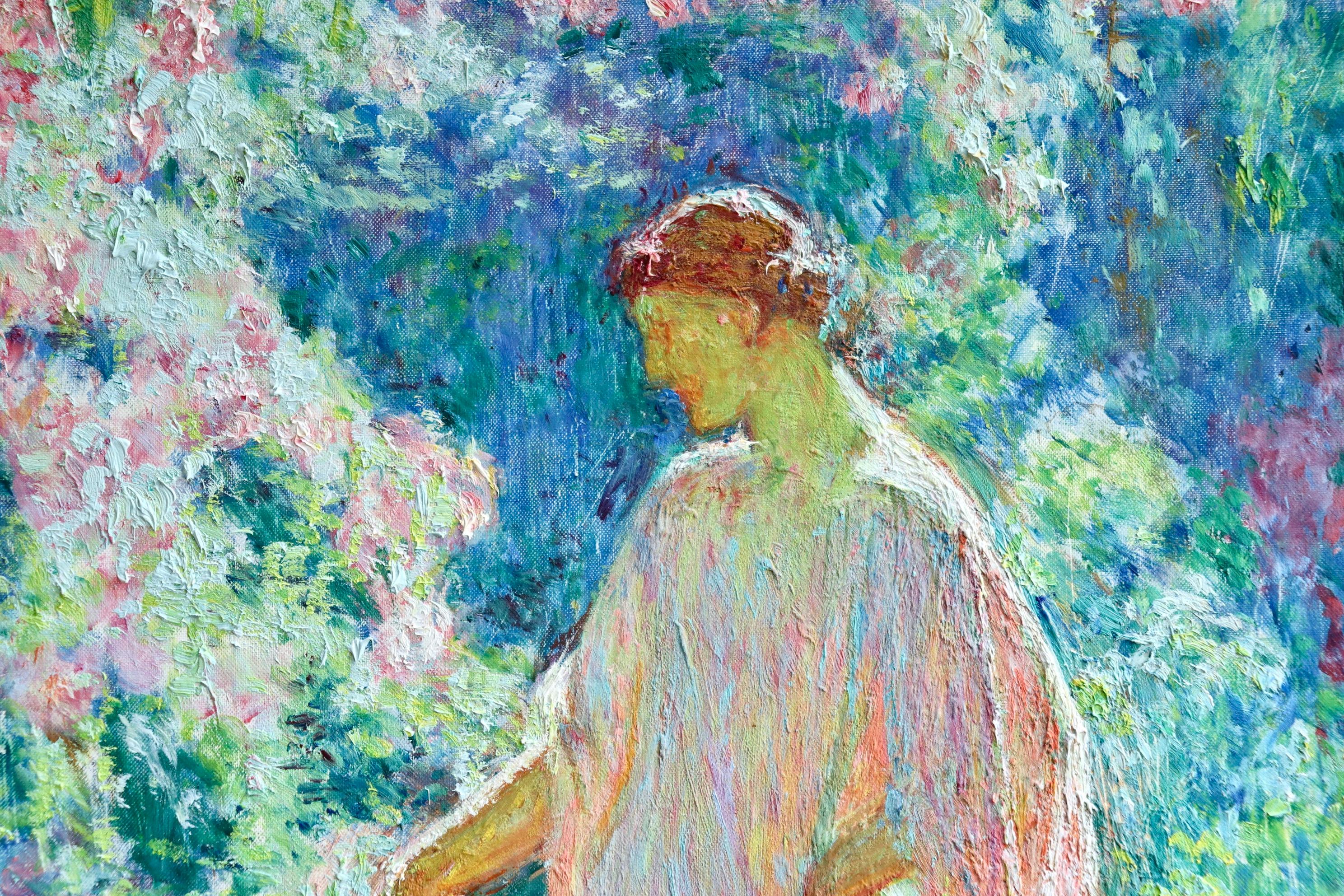 Dans le jardin - 20th Century Oil, Woman in Garden Landscape by EODV Guillonnet - Brown Figurative Painting by Octave Guillonnet