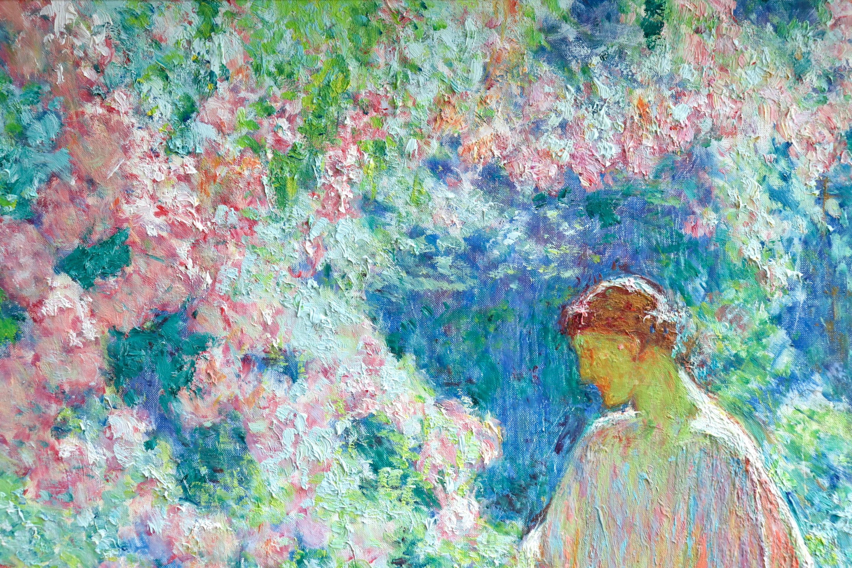 A stunning large oil on canvas circa 1940 by Post-Impressionist painter Octave Guillonet depicting a woman picking roses in a beautiful garden on a warm summer's day. Signed lower right. Framed dimensions are 33 inches high by 28.5 inches