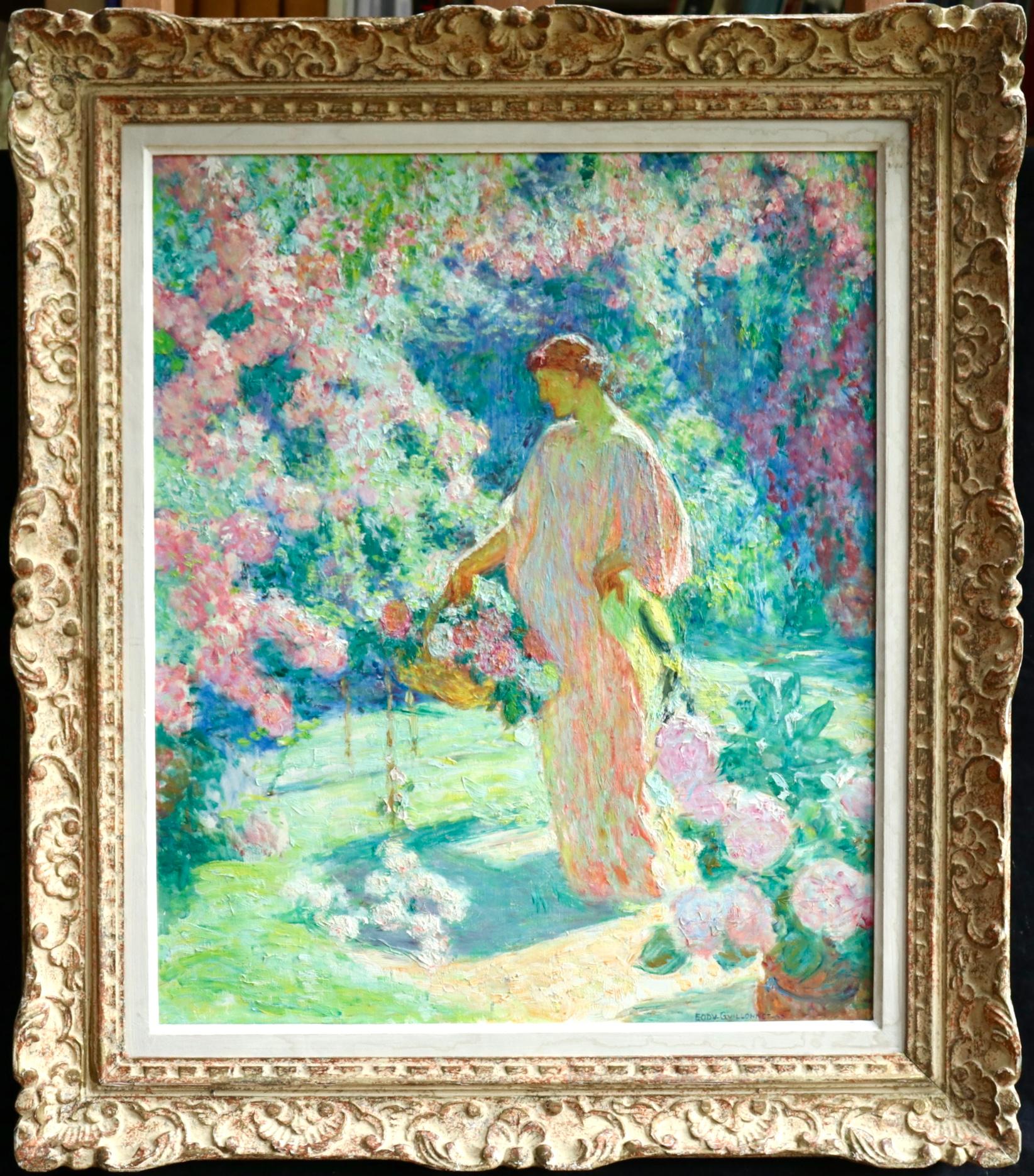 Octave Guillonnet Figurative Painting - Dans le jardin - 20th Century Oil, Woman in Garden Landscape by EODV Guillonnet