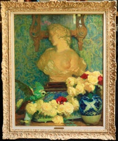 Fleurs et statue - Post Impressionist Still Life Oil by Octave Guillonnet