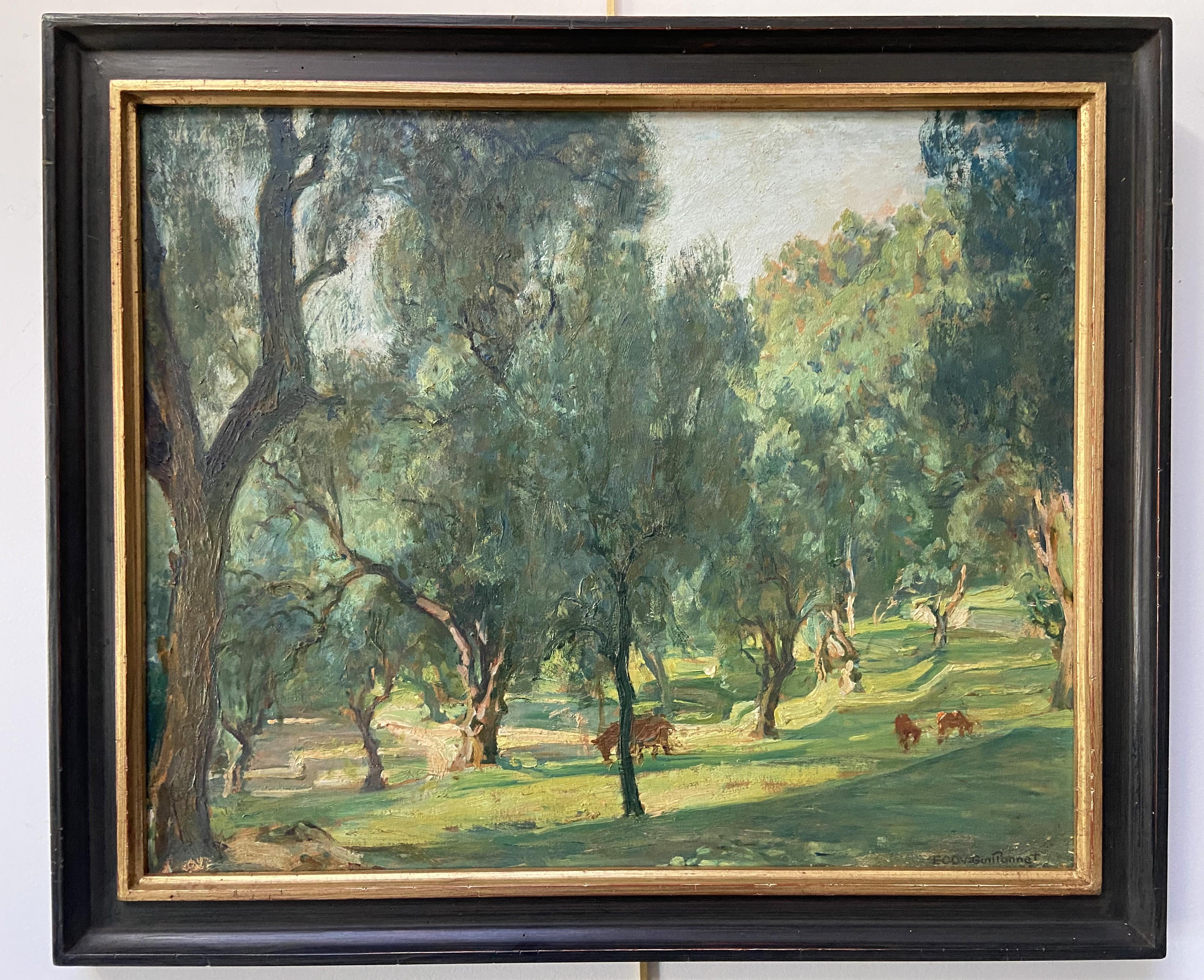 Octave Guillonnet Landscape Painting - Octave Denis Victor Guillonnet (1872 - 1967) Les Oliviers, oil on panel signed