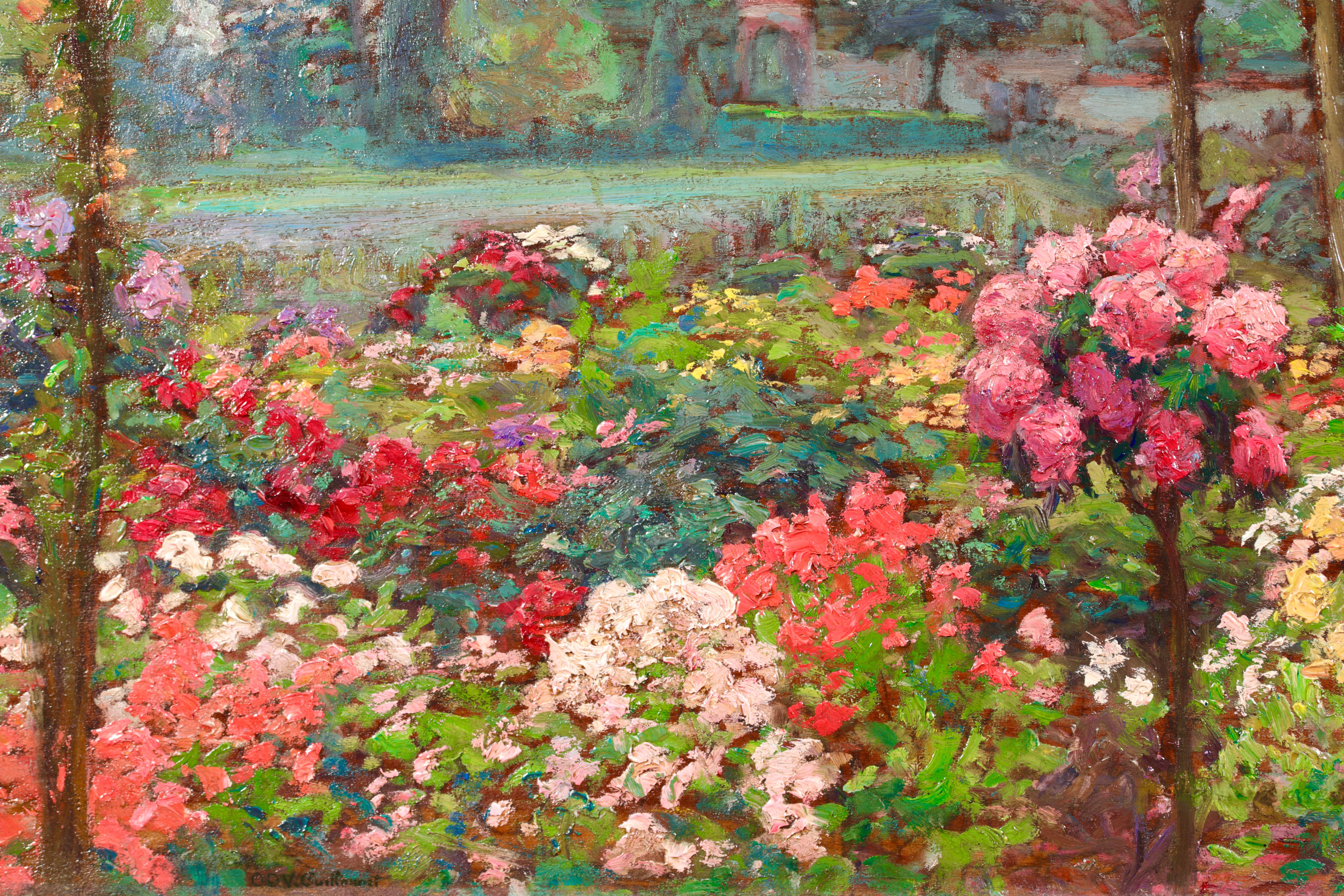 Un jardin d'ete - Post Impressionist Flowers Landscape Oil by Octave Guillonnet For Sale 3