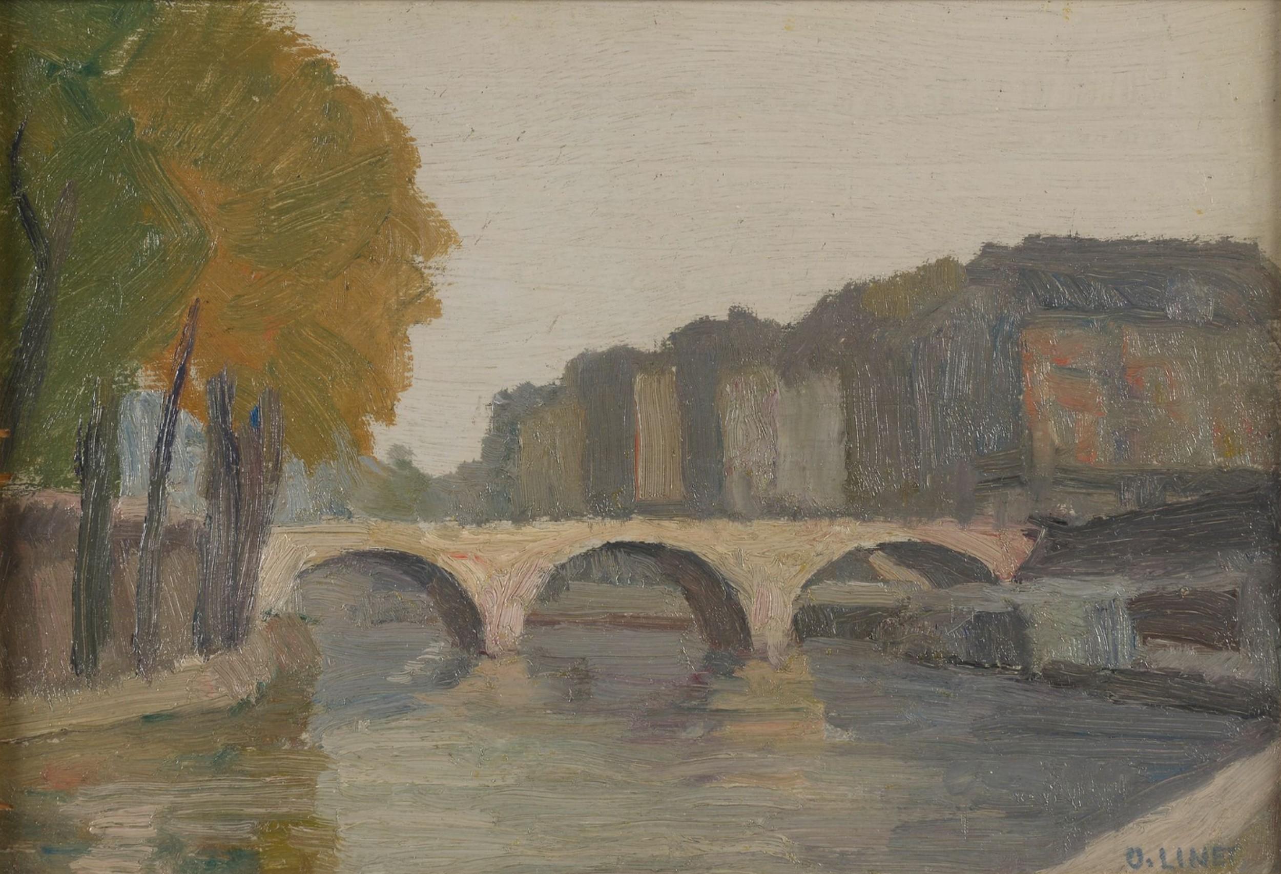 Octave Linet (1870-1962) 
La Seine à Paris, Der Fluss Seine in Paris
unterzeichnet  unten rechts
betitelt auf einem Label auf der Rückseite 
Öl auf Platte
24 x 35,5 cm
In gutem Zustand bis auf drei kleine Malereilücken am linken Rand, siehe