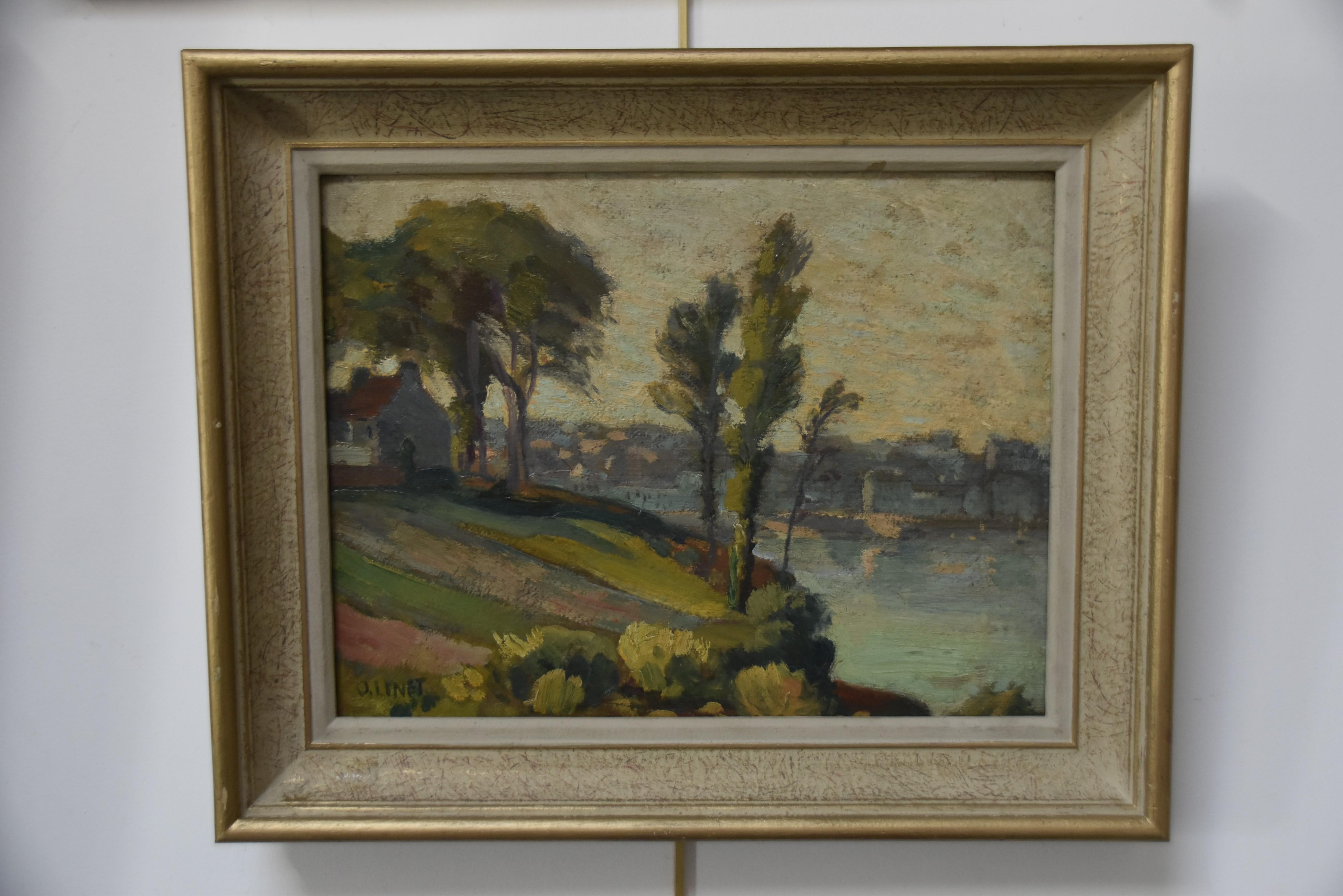 Octave Linet (1870-1962) Landschaft des Flusses, Öl auf Karton signiert   im Angebot 1