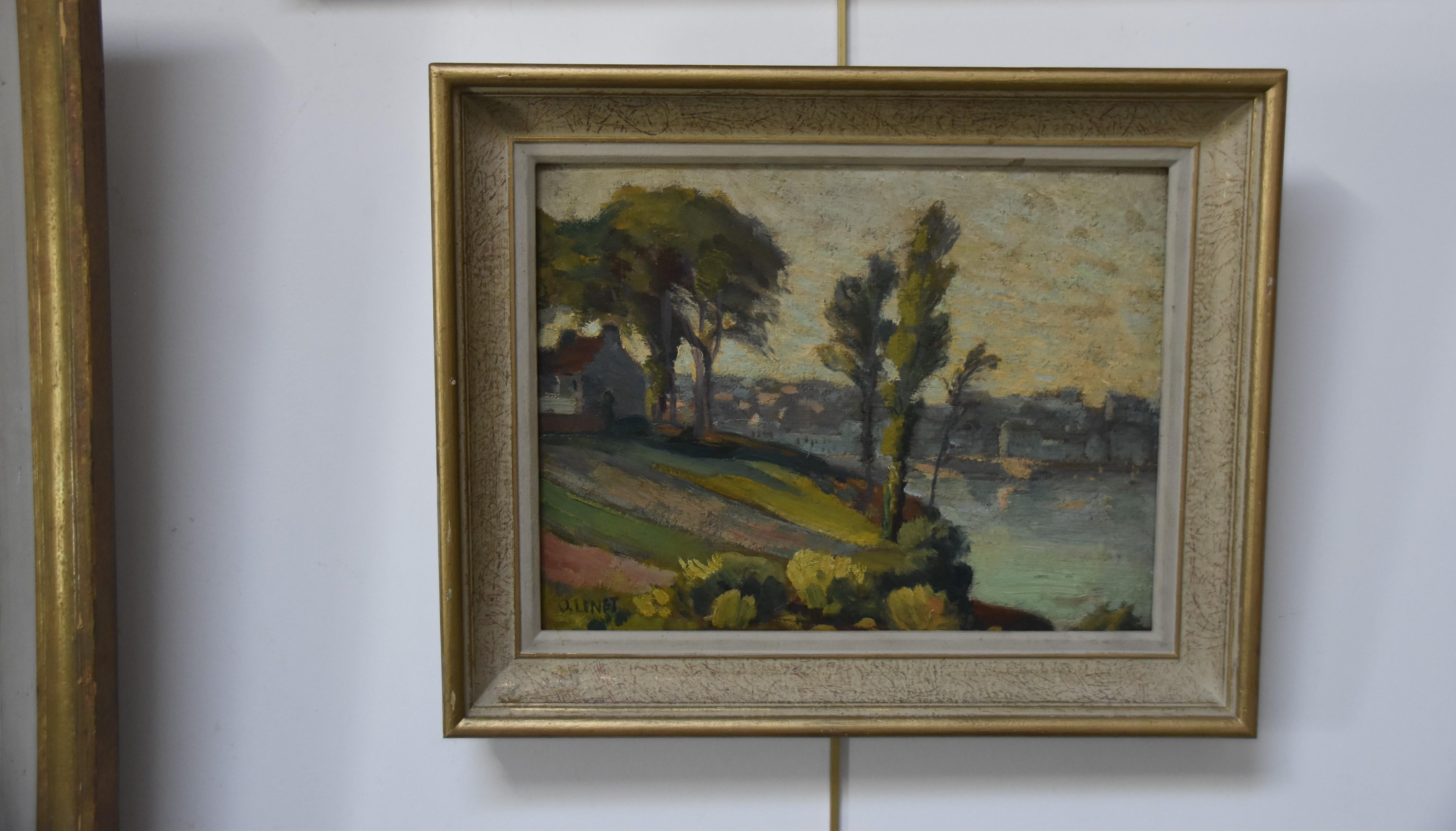 Octave Linet (1870-1962) 
Landscape by the river,
signed lower left
oil on board 
on the back a pencil study of the Virgin and Child
25 x 33 cm
In good condition 
In a vintage frame  : 33,5 x 41 cm

We know that Octave Linet was a great collector of