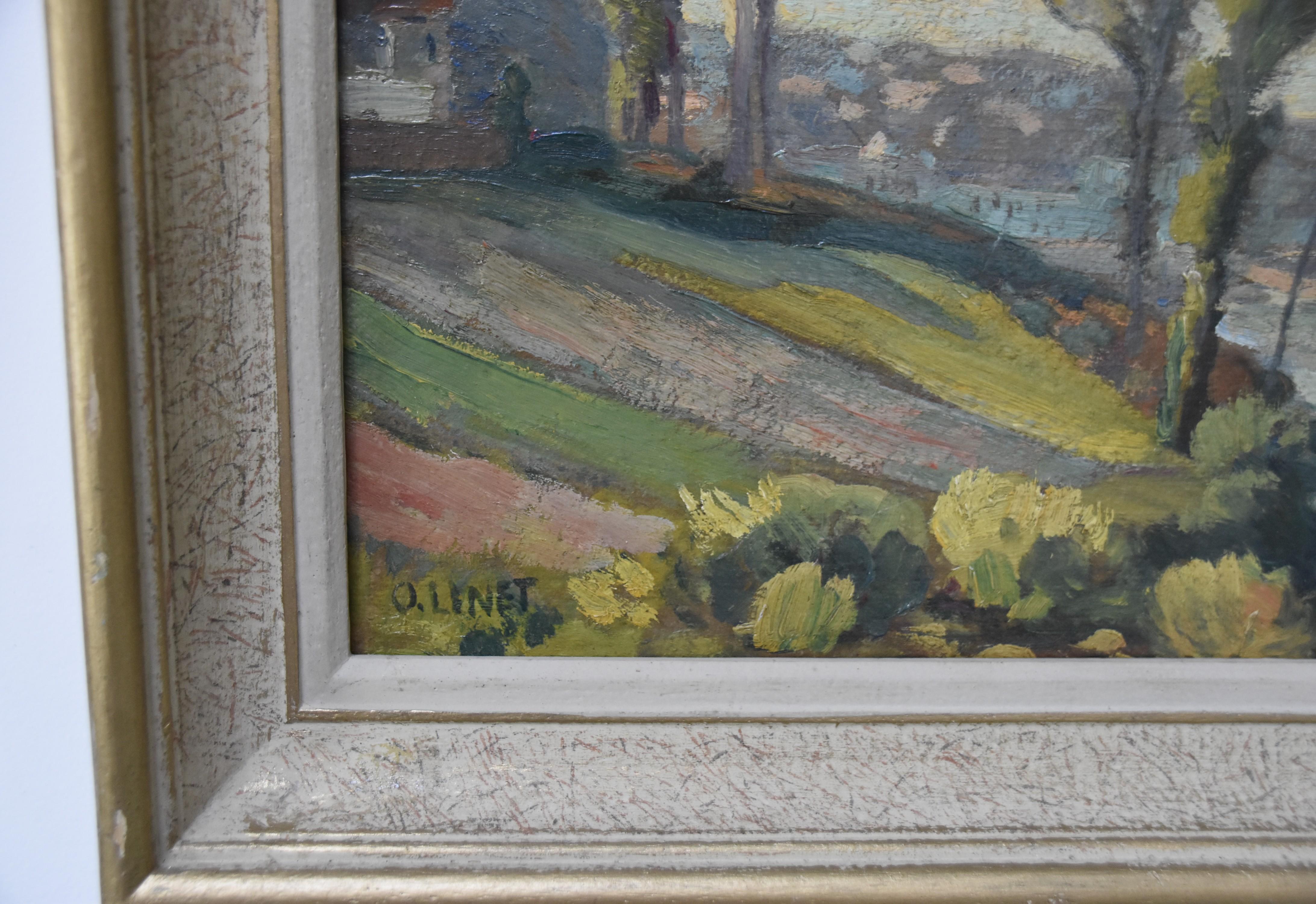 Octave Linet (1870-1962) 
Landscape by the river,
signed lower left
oil on board 
on the back a pencil study of the Virgin and Child
25 x 33 cm
In good condition 
In a vintage frame  : 33,5 x 41 cm

We know that Octave Linet was a great collector of