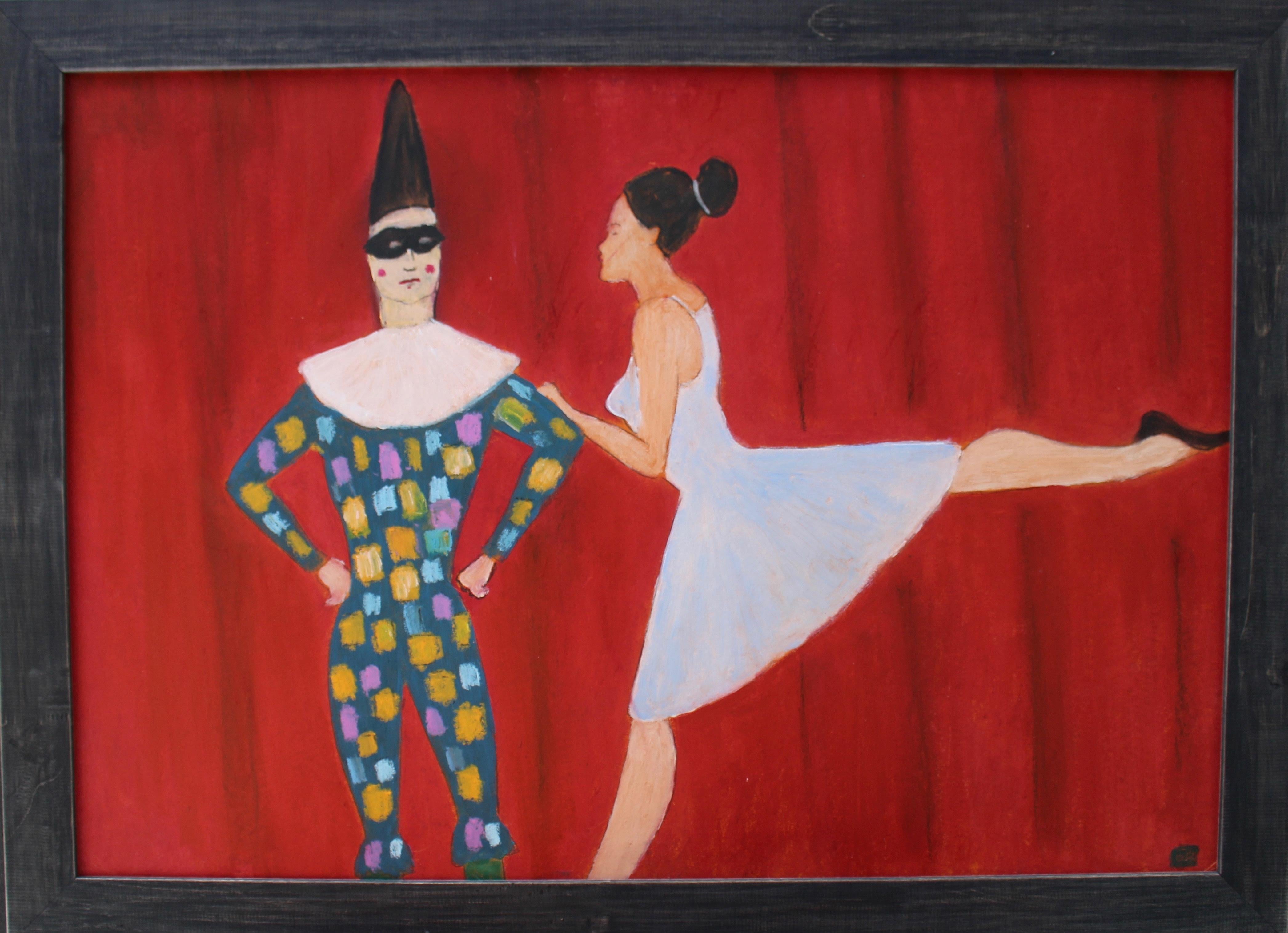 Bailarina y Pierrot is a beautiful and emotionally charged original painting by renowned Latin American artist Octavio Rojo. Executed in his distinctive figurative expressionist style, the artwork captures an evocative scene between a ballerina and
