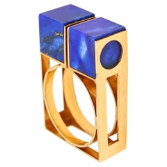 Vintage Octavio Sarda Palau 1970 Barcelona Geometric Ring in 18Kt Gold and Lapis Lazuli