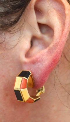 OCTAVIO SARDA Spanish Modernist Earrings-Ring Set In 18Kt Gold With Coral & Onyx
