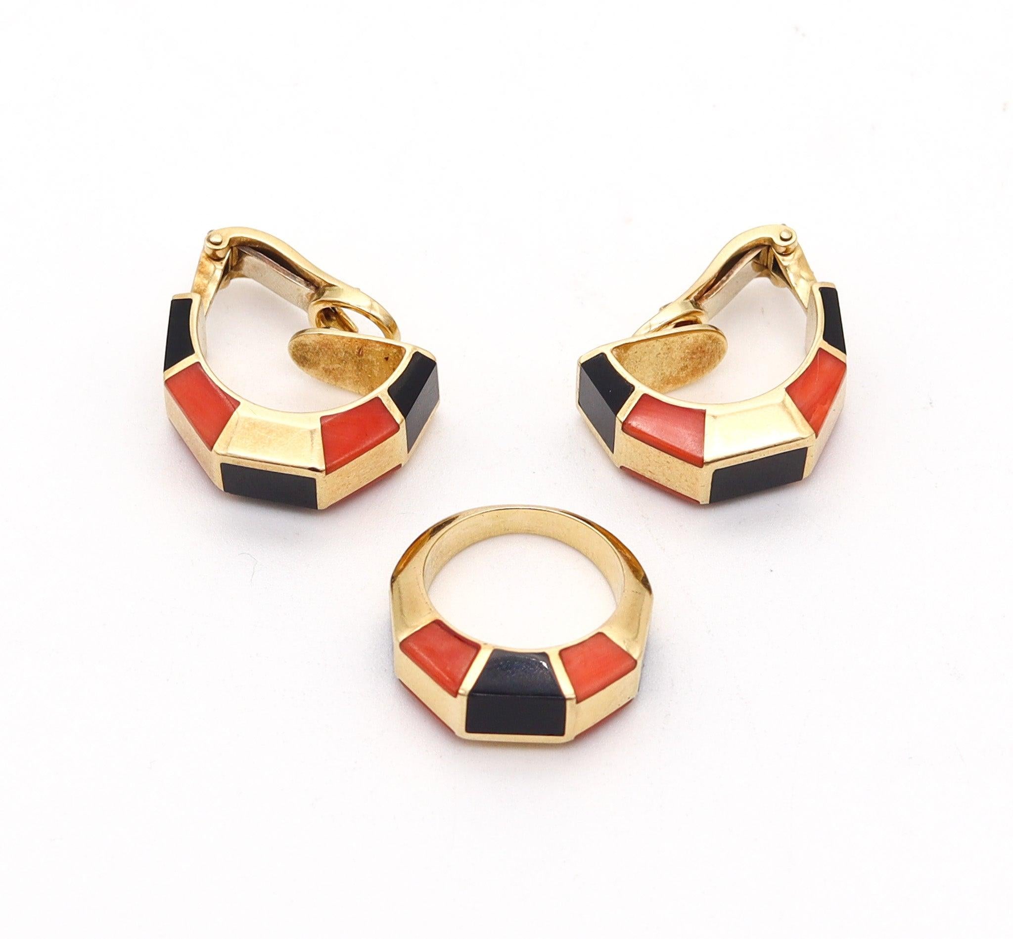 OCTAVIO SARDA Spanish Modernist Earrings-Ring Set In 18Kt Gold With Coral & Onyx For Sale 1