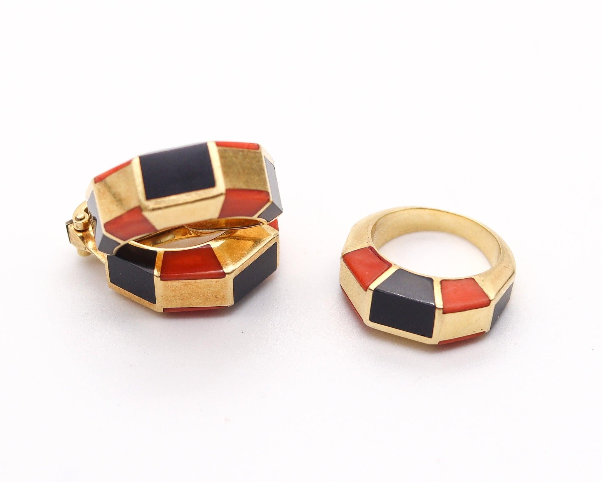 OCTAVIO SARDA Spanish Modernist Earrings-Ring Set In 18Kt Gold With Coral & Onyx For Sale 2