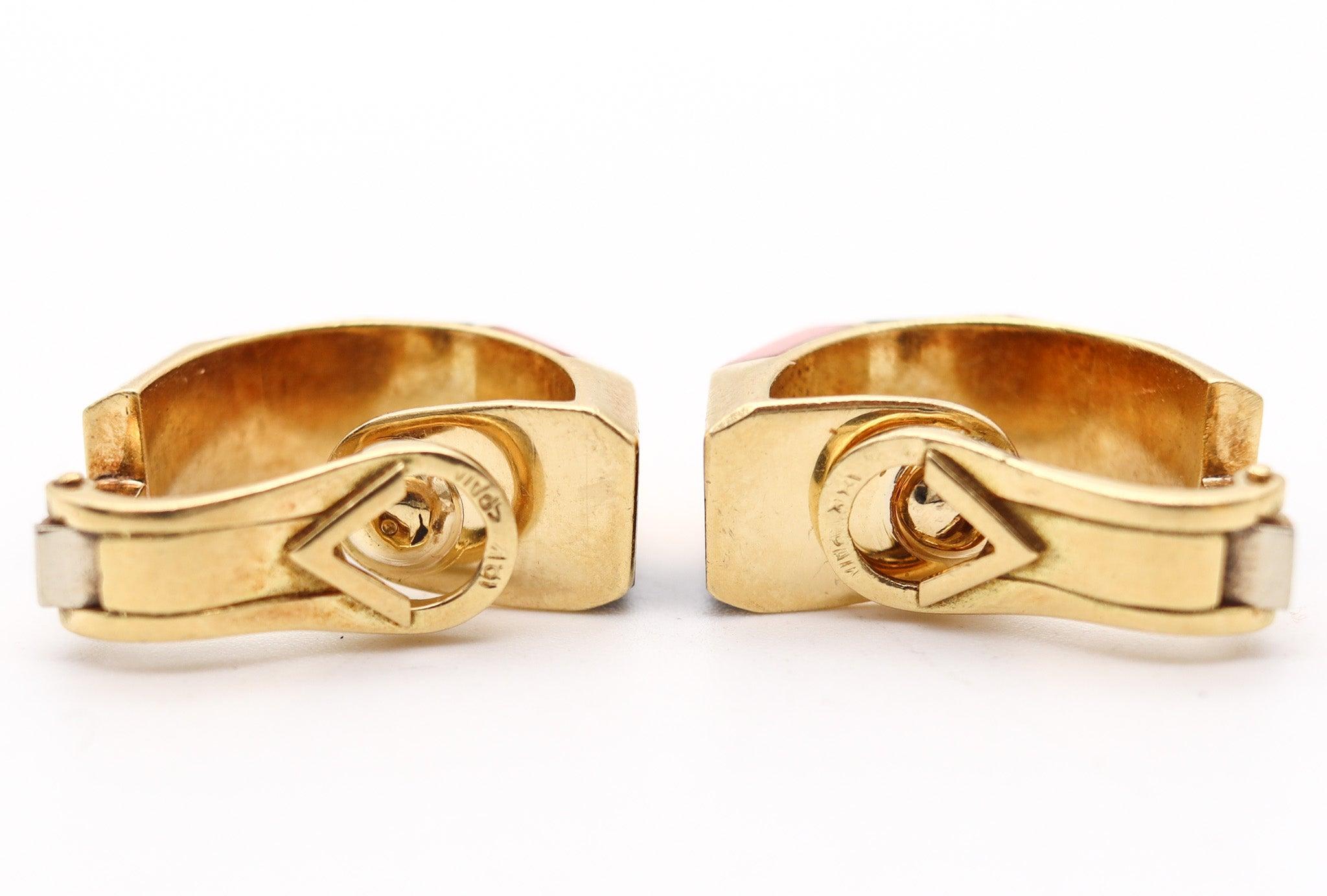 OCTAVIO SARDA Spanish Modernist Earrings-Ring Set In 18Kt Gold With Coral & Onyx For Sale 3