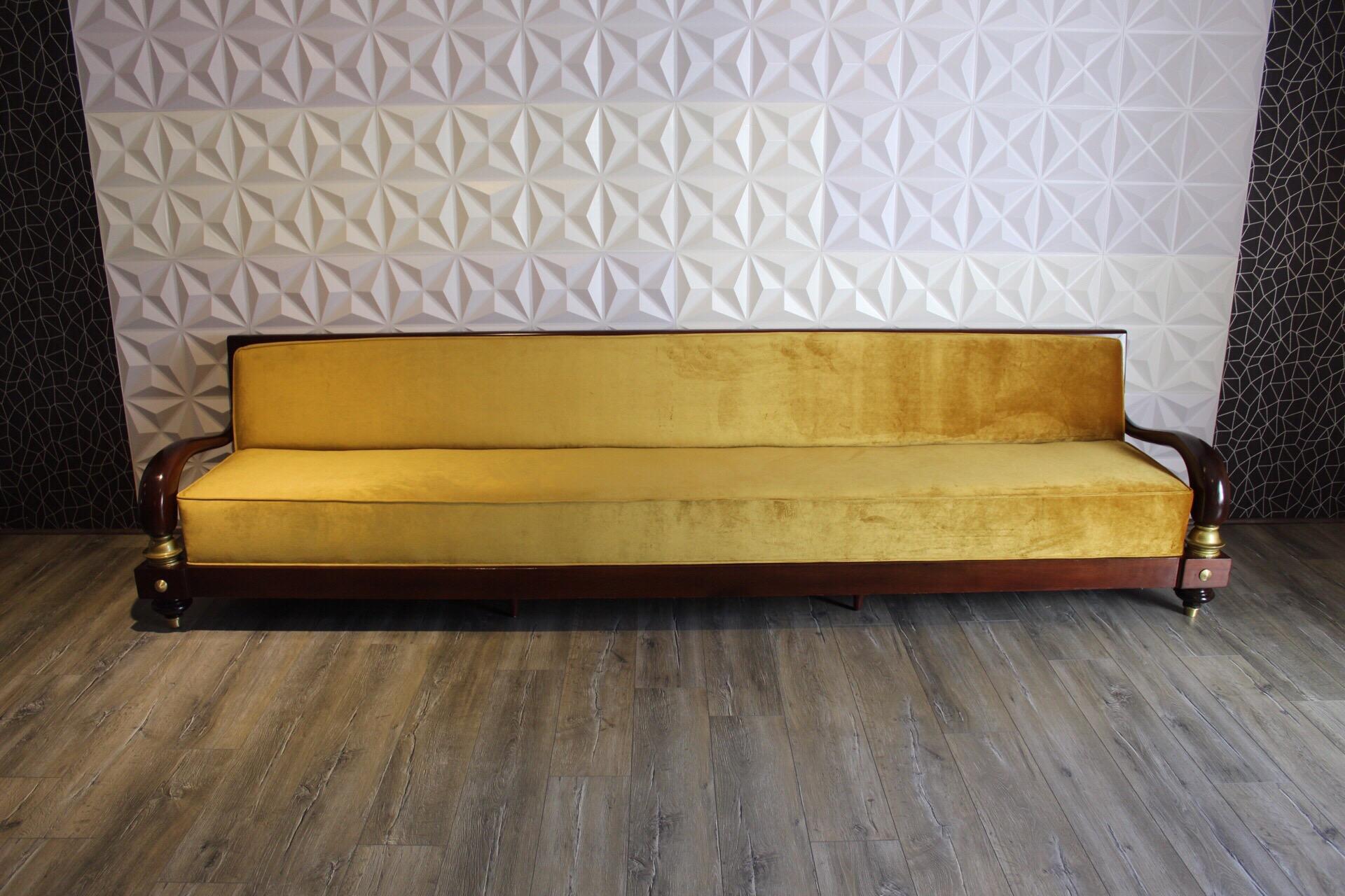 Iconic Octavio Vidales huge Sofa, manufactured in Mexico in the late 1950s-early 1960s, professionally restored, new upholstery, mahogany wood with brass details. Excellent opportunity to have part of the Mexican modernism of its top
