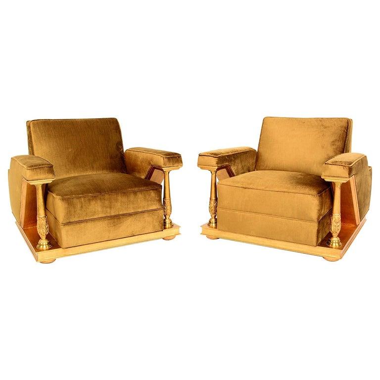 Octavio Vidales Statement Velvet Armchairs Mahogany Gold Leaf Modern Mexico 1950 3