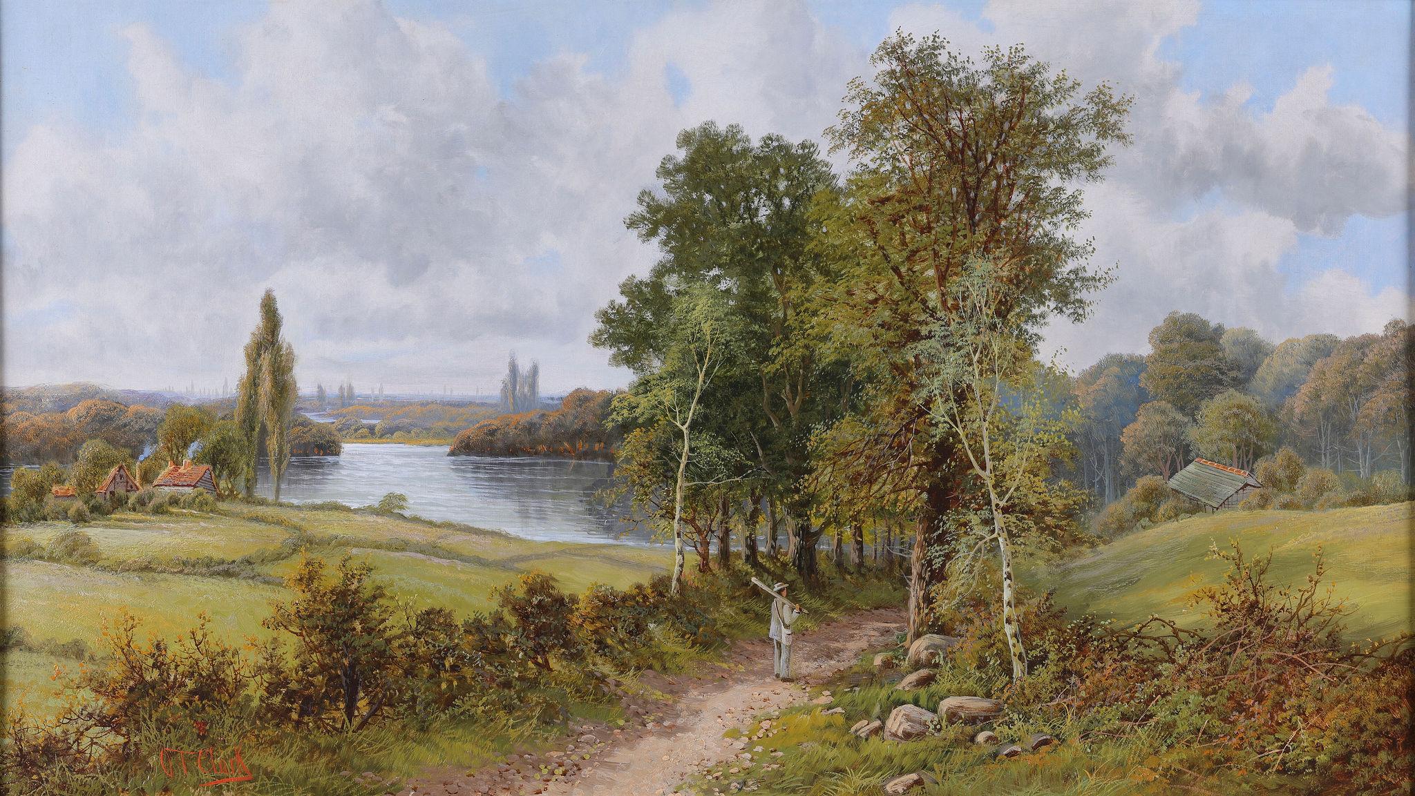 A Figure on a Path. An English landscape signed O T Clark. Oil on canvas - Painting by Octavious T Clark