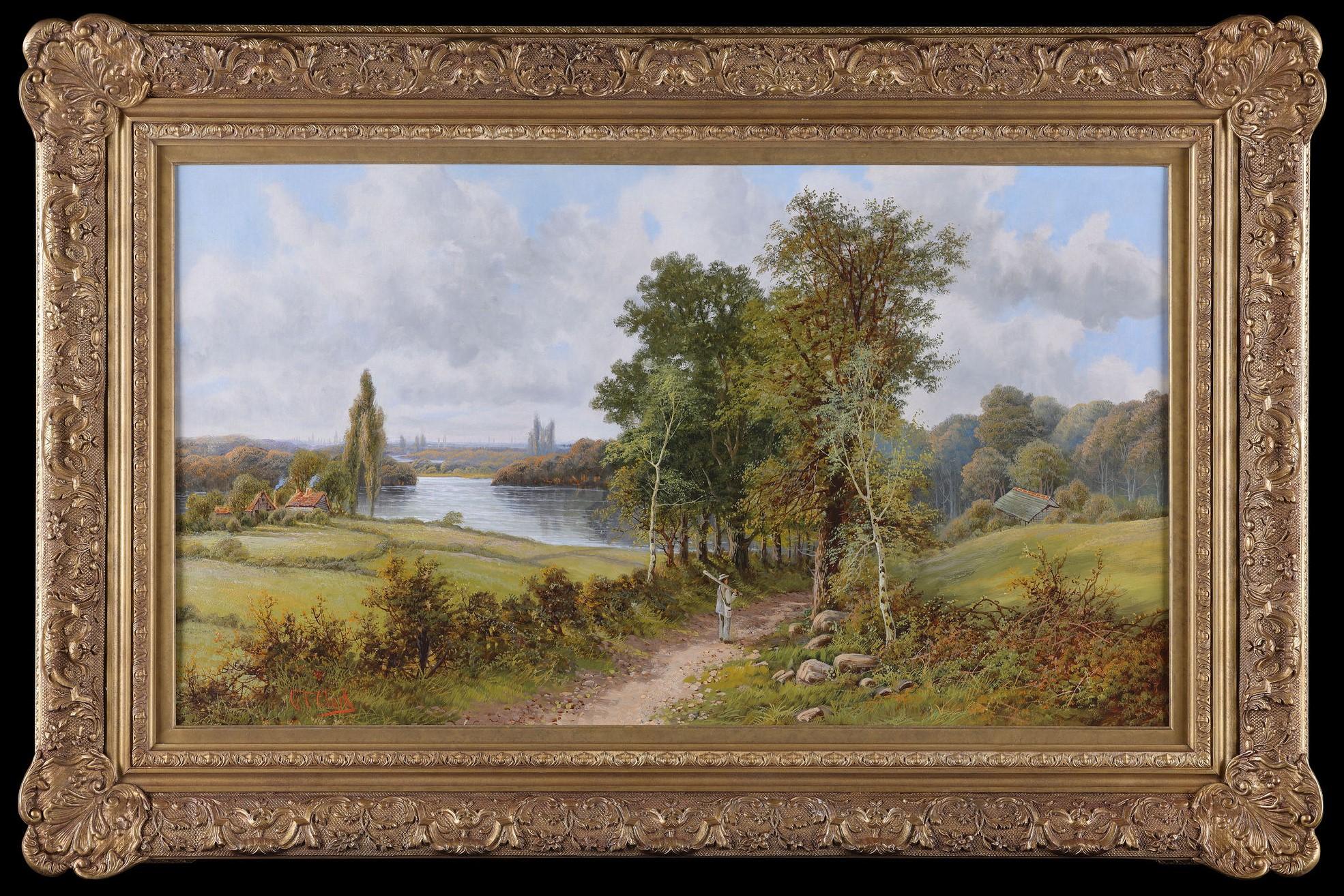 Una figura su un sentiero. Un paesaggio inglese firmato O T Clark. Olio su tela