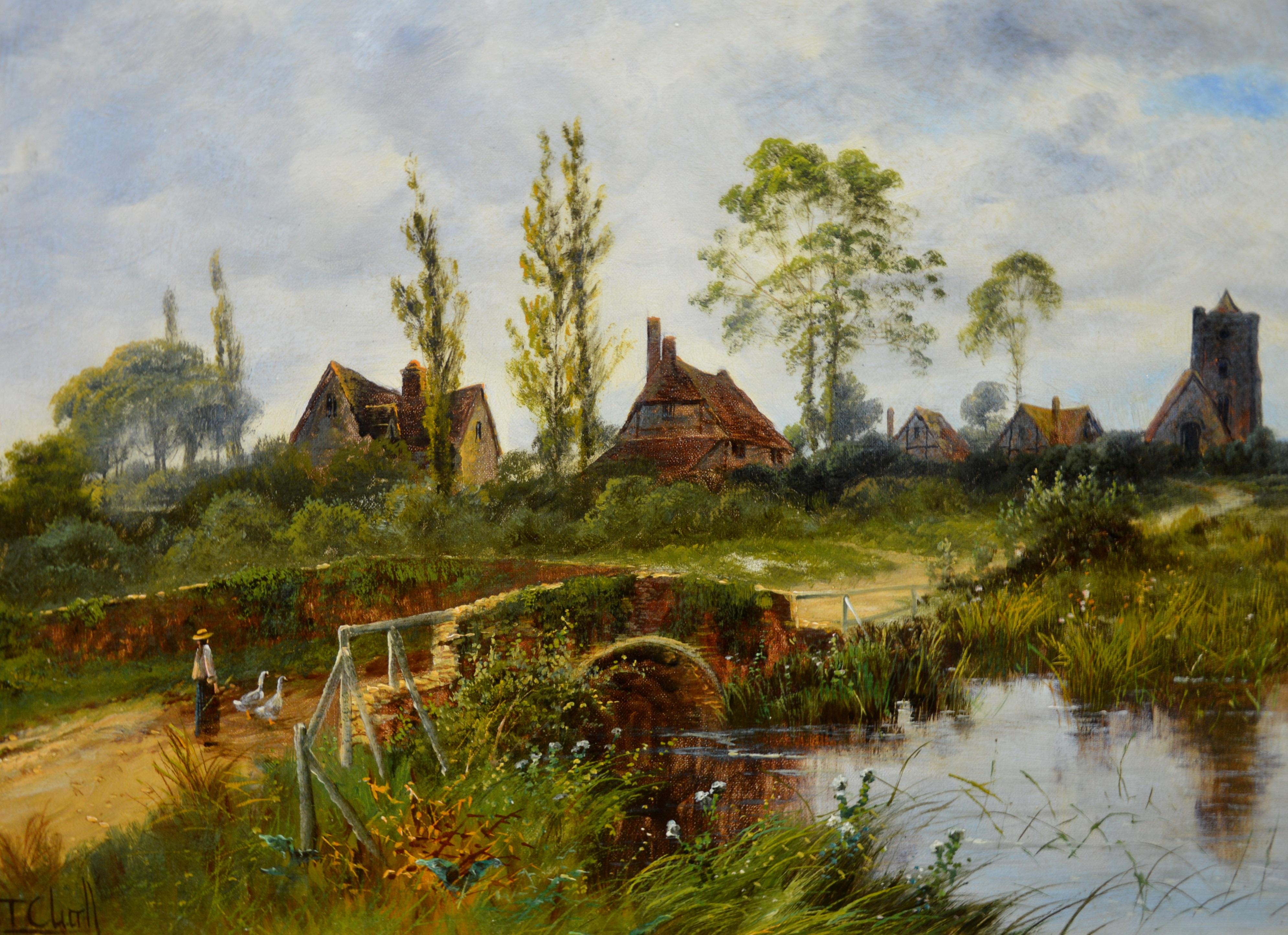 A Summer Afternoon - 19th Century English River Landscape Oil Painting  - Brown Figurative Painting by Octavius Thomas Clark