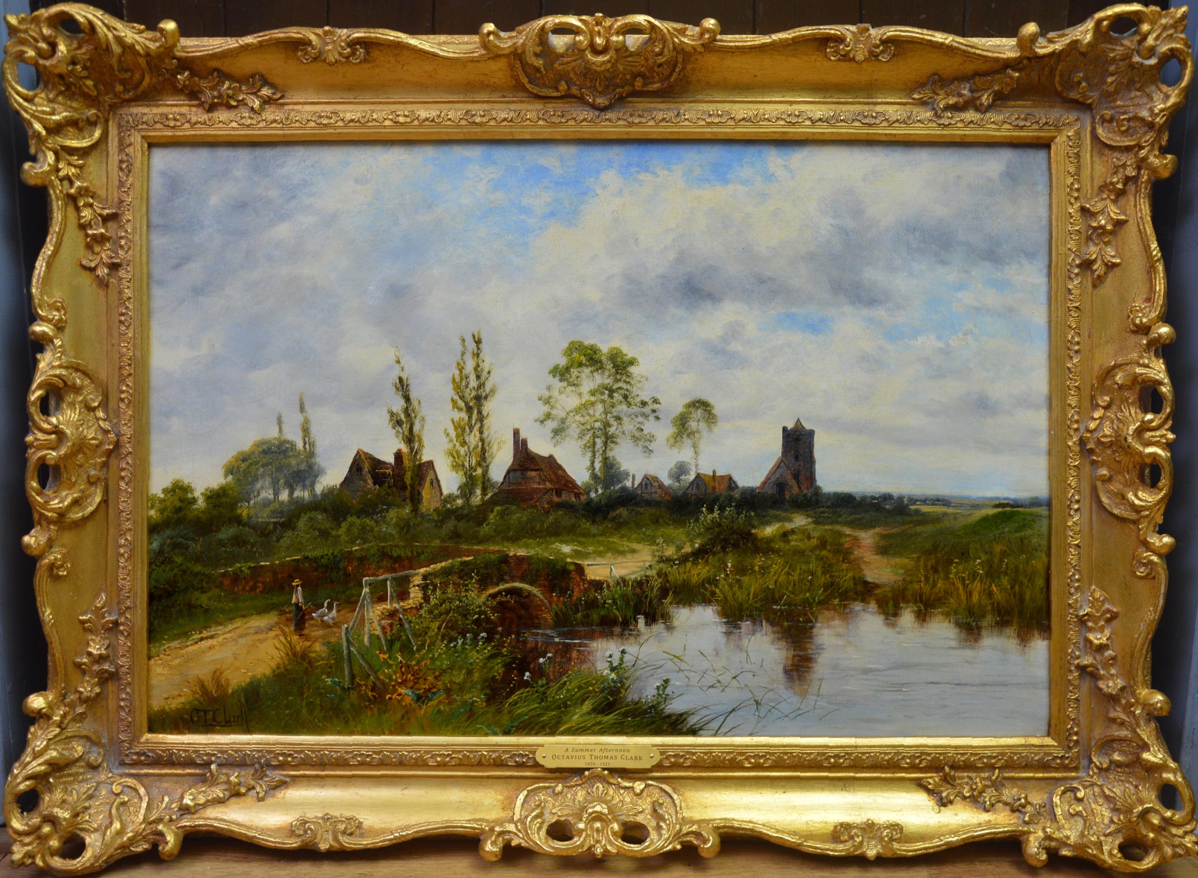 Octavius Thomas Clark Figurative Painting - A Summer Afternoon - 19th Century English River Landscape Oil Painting 